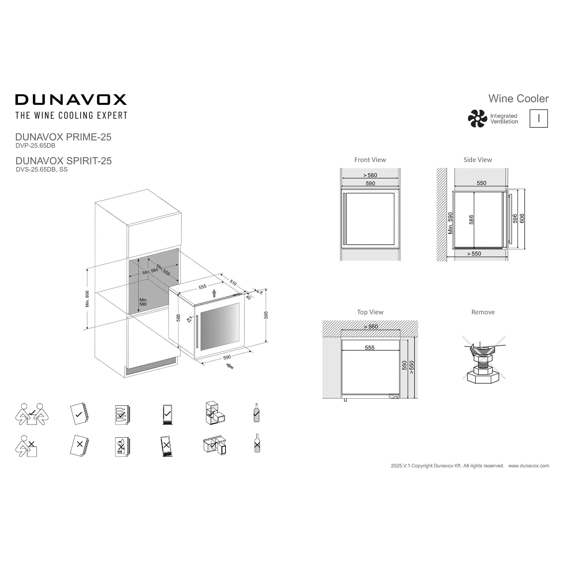 Technisches Datenblatt Dunavox Prime-25 Weinkühlschrank mit Maßzeichnungen, Einbauansichten und Installationssymbolen