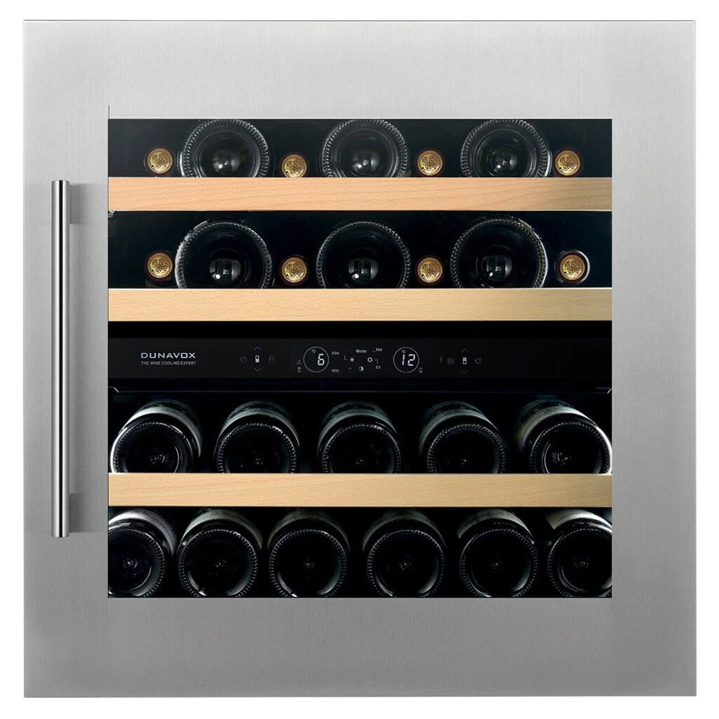 Dunavox Spirit-25 Stainless Weinkühlschrank, Frontansicht mit Edelstahlgehäuse, zwei Temperaturzonen und Holzregalen