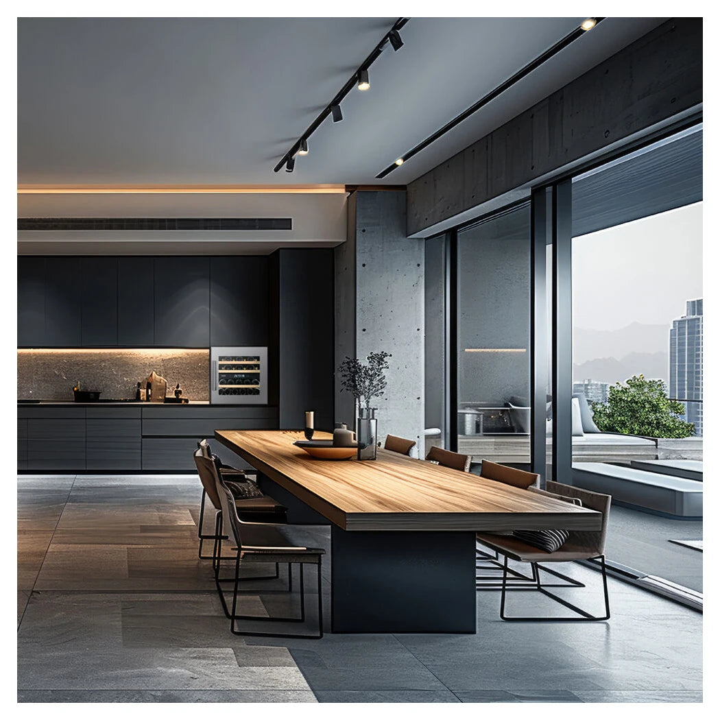 Dunavox Spirit-25 Stainless Weinkühlschrank eingebaut in modernes Küchendesign mit Betonoptik, Esstisch und Panoramafenstern