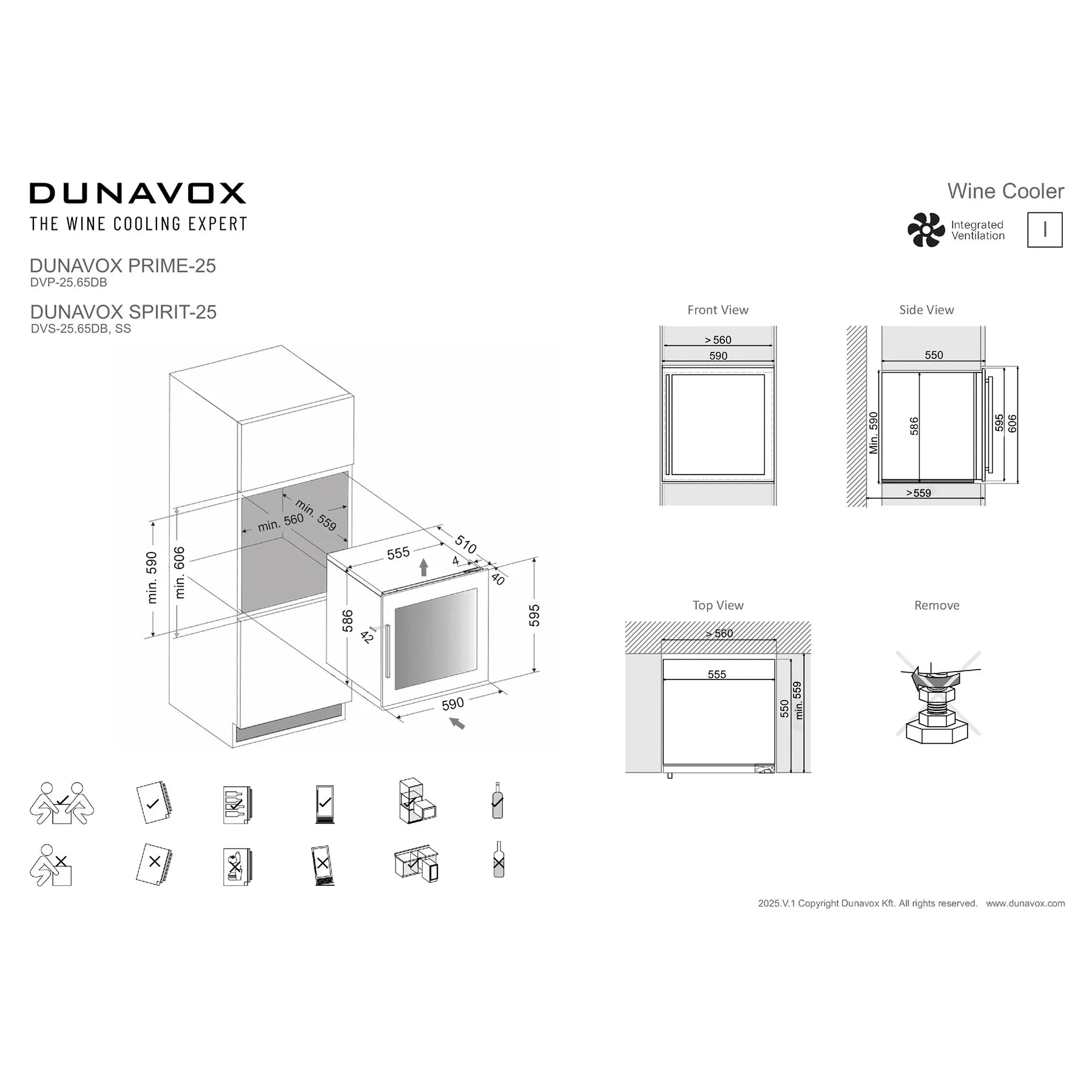 Einbauzeichnung Dunavox Spirit-25 DVS-25.85DB für vollintegrierten Einbau mit Maßangaben, Vorder-, Seiten- und Draufsicht
