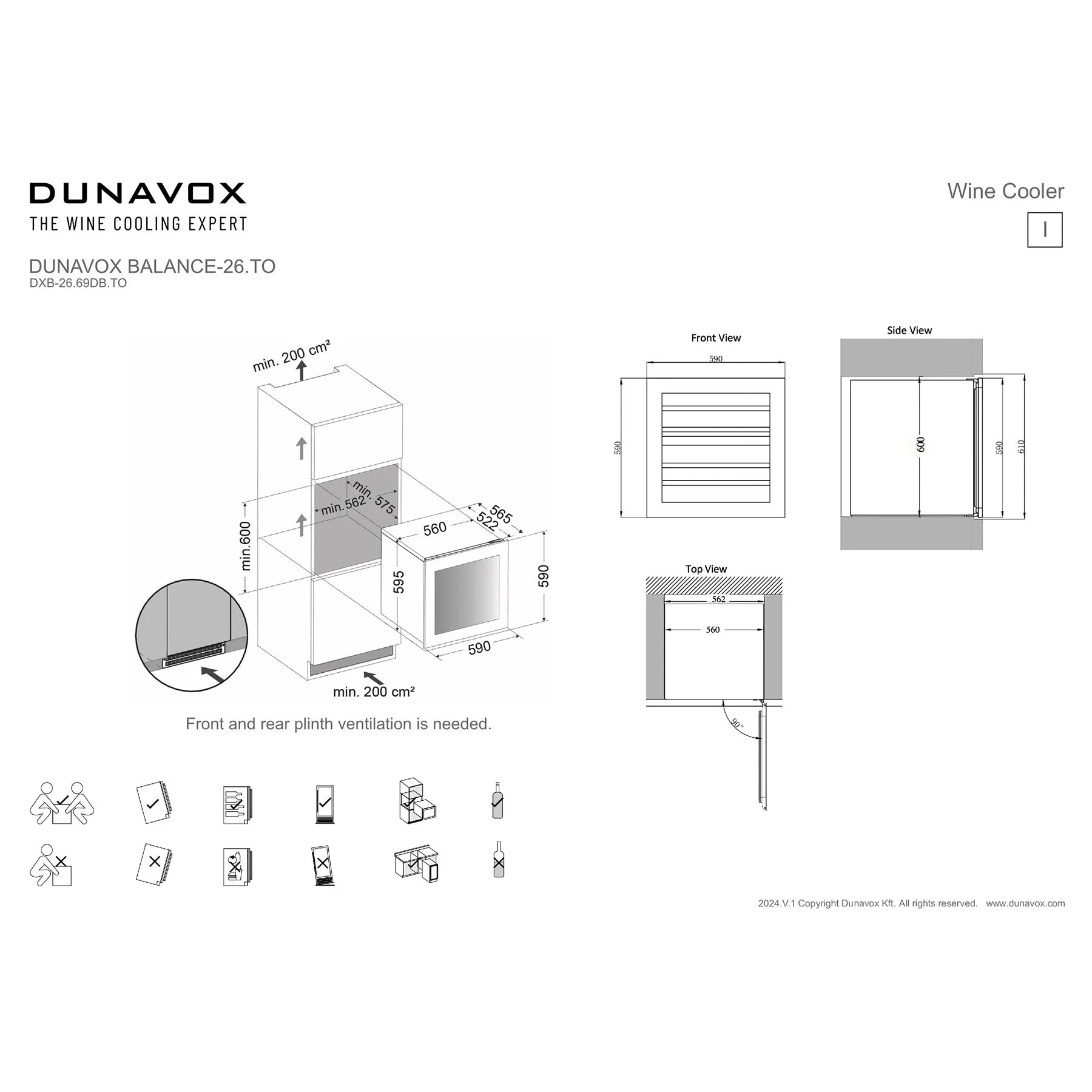Dunavox Balance-26 Maßblatt DXB-26.69DB.TO mit Einbaumaßen, Front-, Seiten- und Draufsicht sowie Installationshinweisen