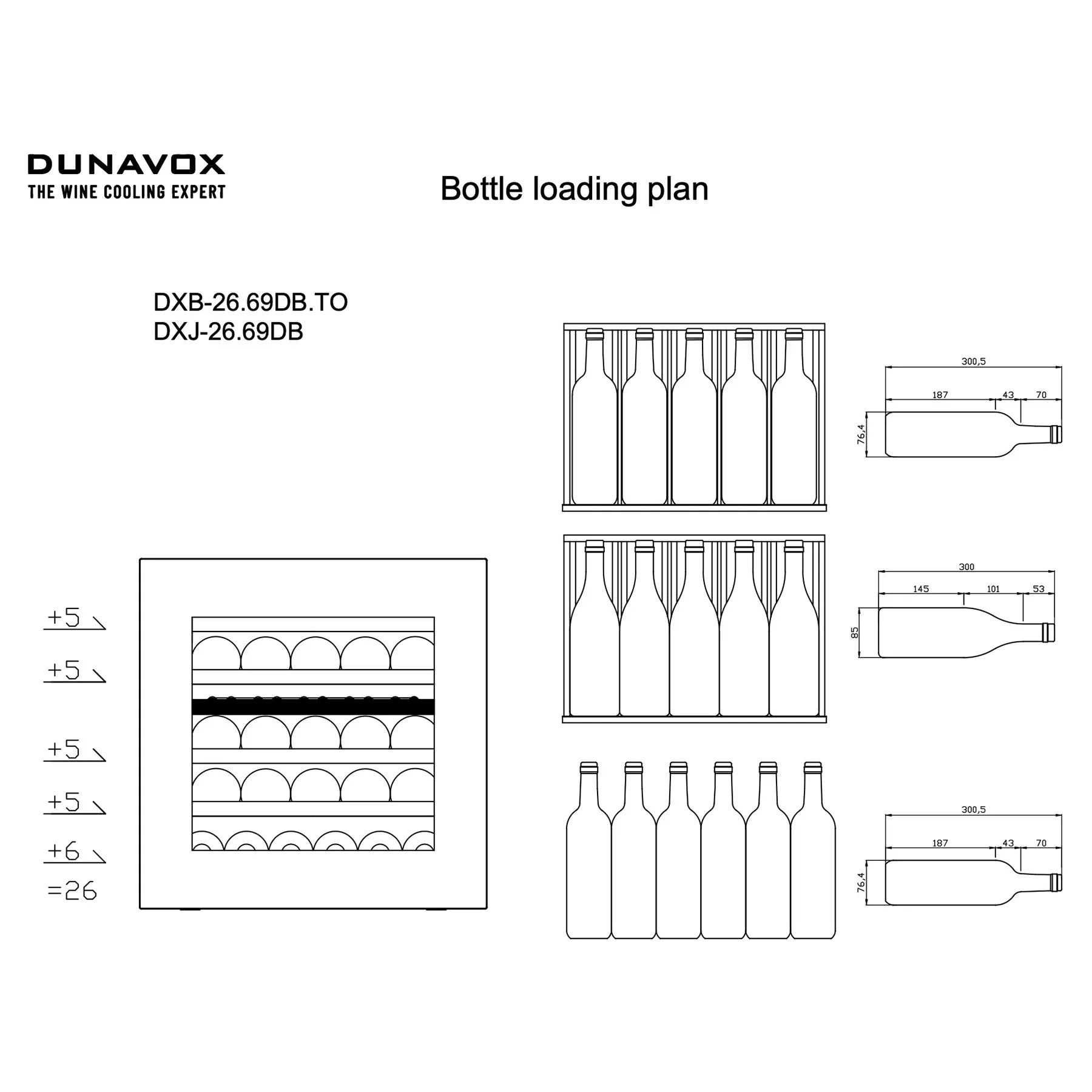 Dunavox Joy-26 Beladungsplan mit Regalaufteilung für 26 Bordeaux-Flaschen in der Doppelzone, Modell DXJ-26.69DB