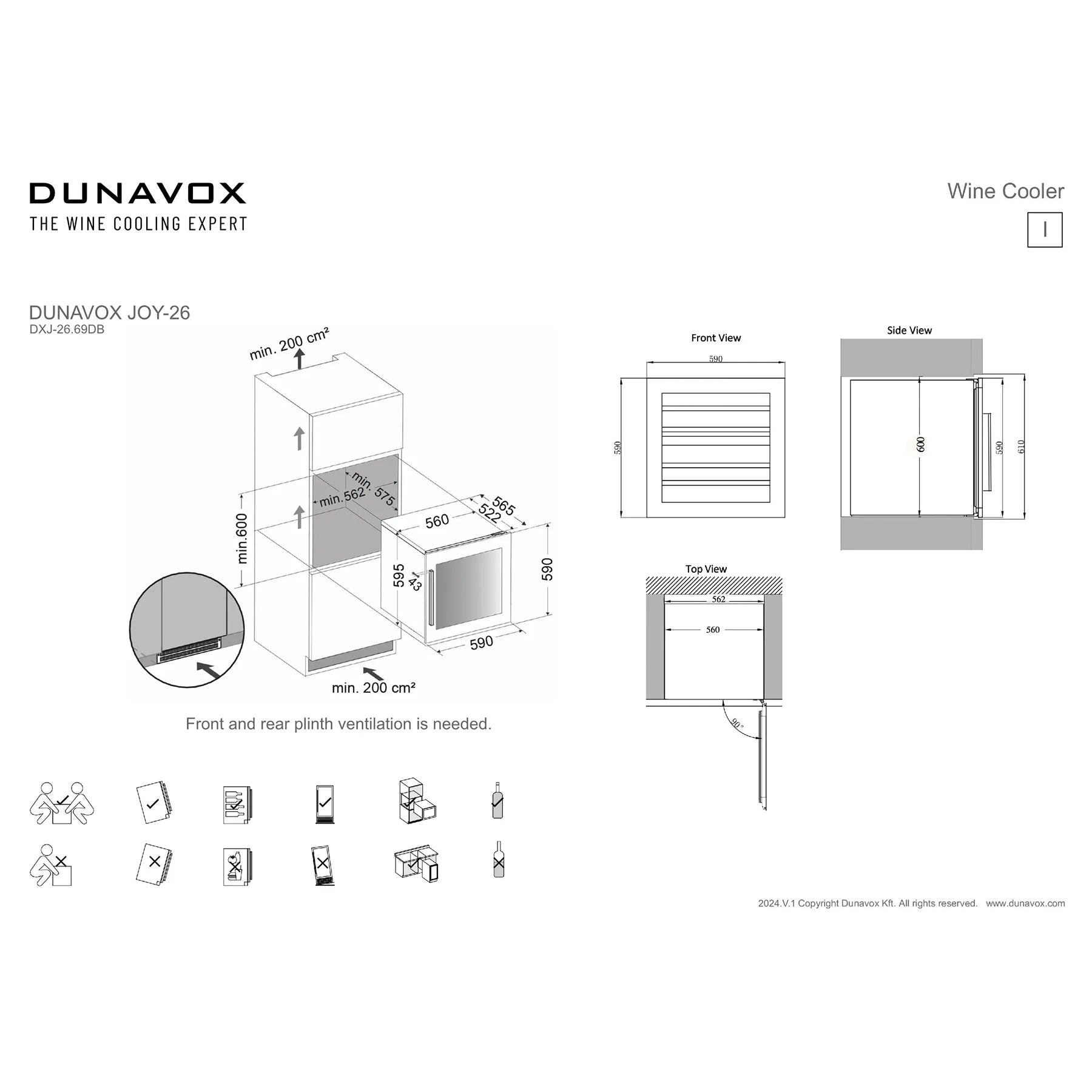 Dunavox Joy-26 Maßzeichnung mit Einbauanleitung, Front- und Seitenansicht sowie Hinweis auf erforderliche Frontbelüftung