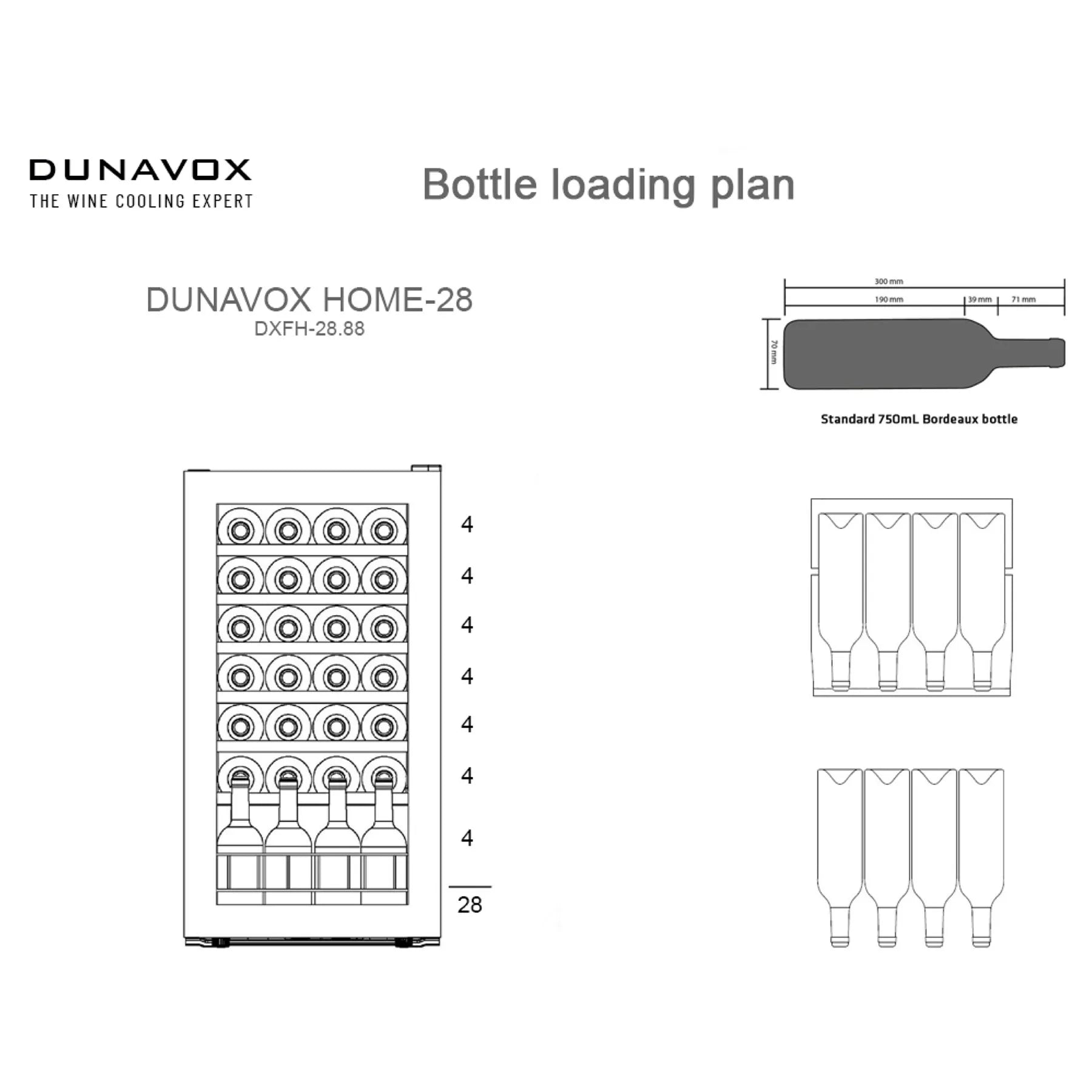 Dunavox Home-28 Beladungsplan DXFH-28.88 mit Regalaufteilung für 28 Bordeaux-Flaschen, je 4 Flaschen pro Ebene