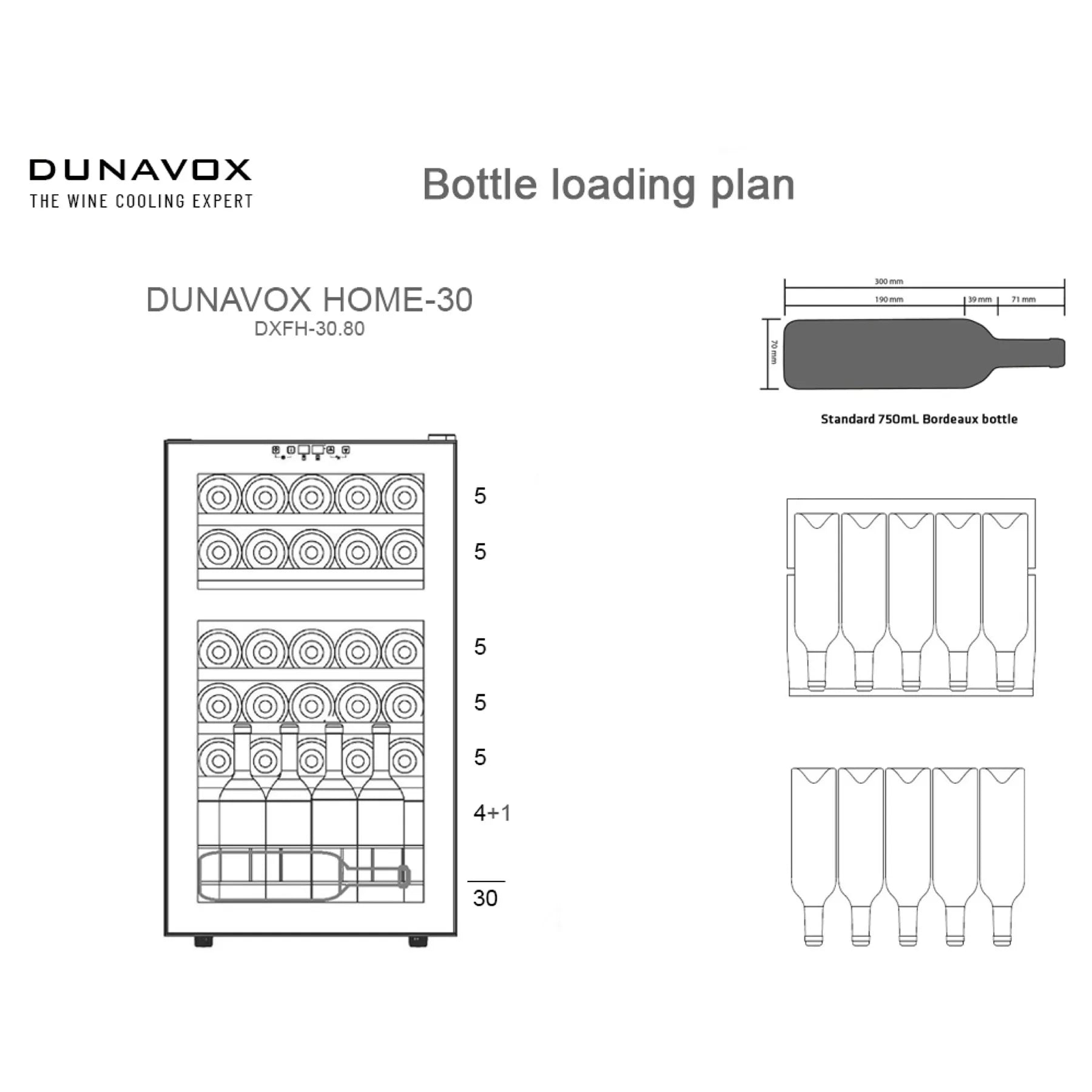 Dunavox Home-30 Beladungsplan DXFH-30.80 mit Regalaufteilung für 30 Bordeaux-Flaschen, Kapazitätsdiagramm