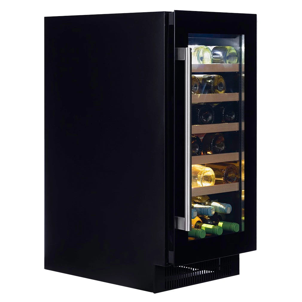 Dunavox Flow-32 Black Weinkühlschrank, Seitenansicht mit offener Tür, beleuchtetem Innenraum und Holzregalen