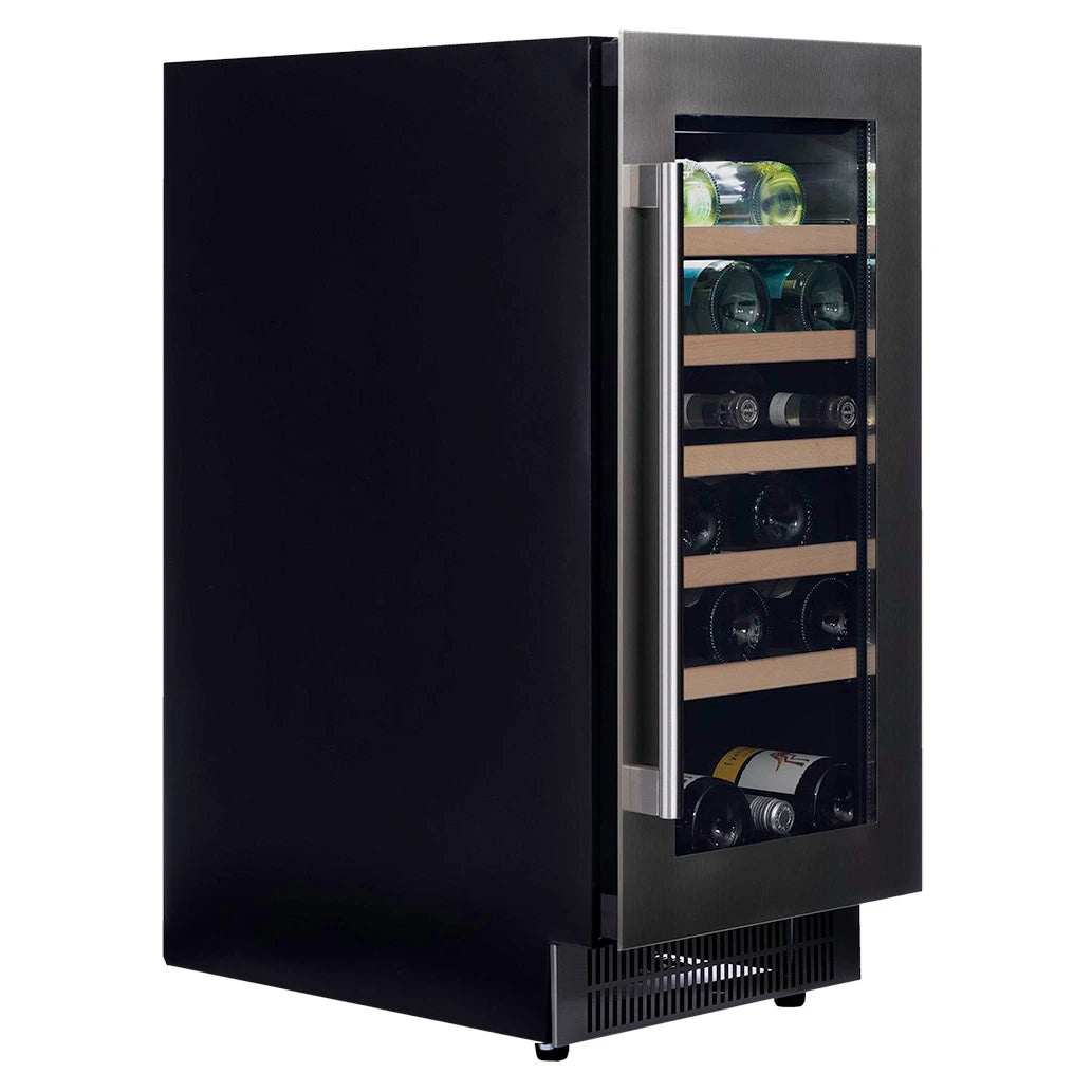 Dunavox Flow-32 Black Weinkühlschrank, Schrägansicht mit schwarzem Gehäuse, Glastür und Holzregalen mit Weinflaschen