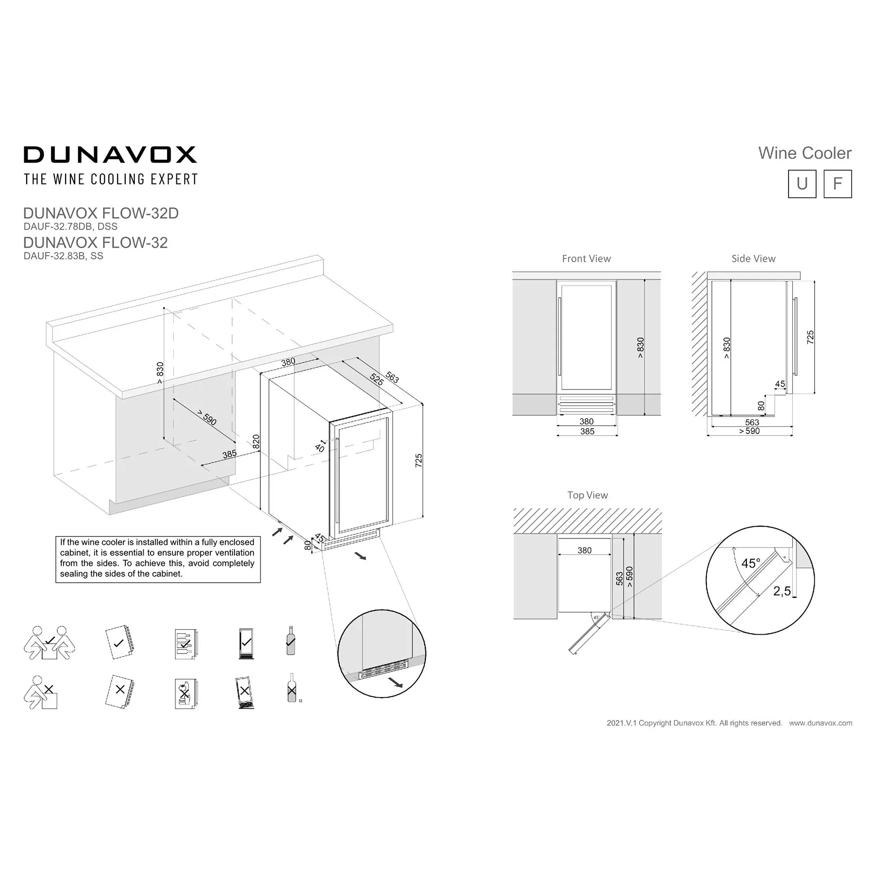 Einbauzeichnung Dunavox Flow-32D Weinkühlschrank mit Maßangaben für Unterbau-Installation, Vorder-, Seiten- und Draufsicht
