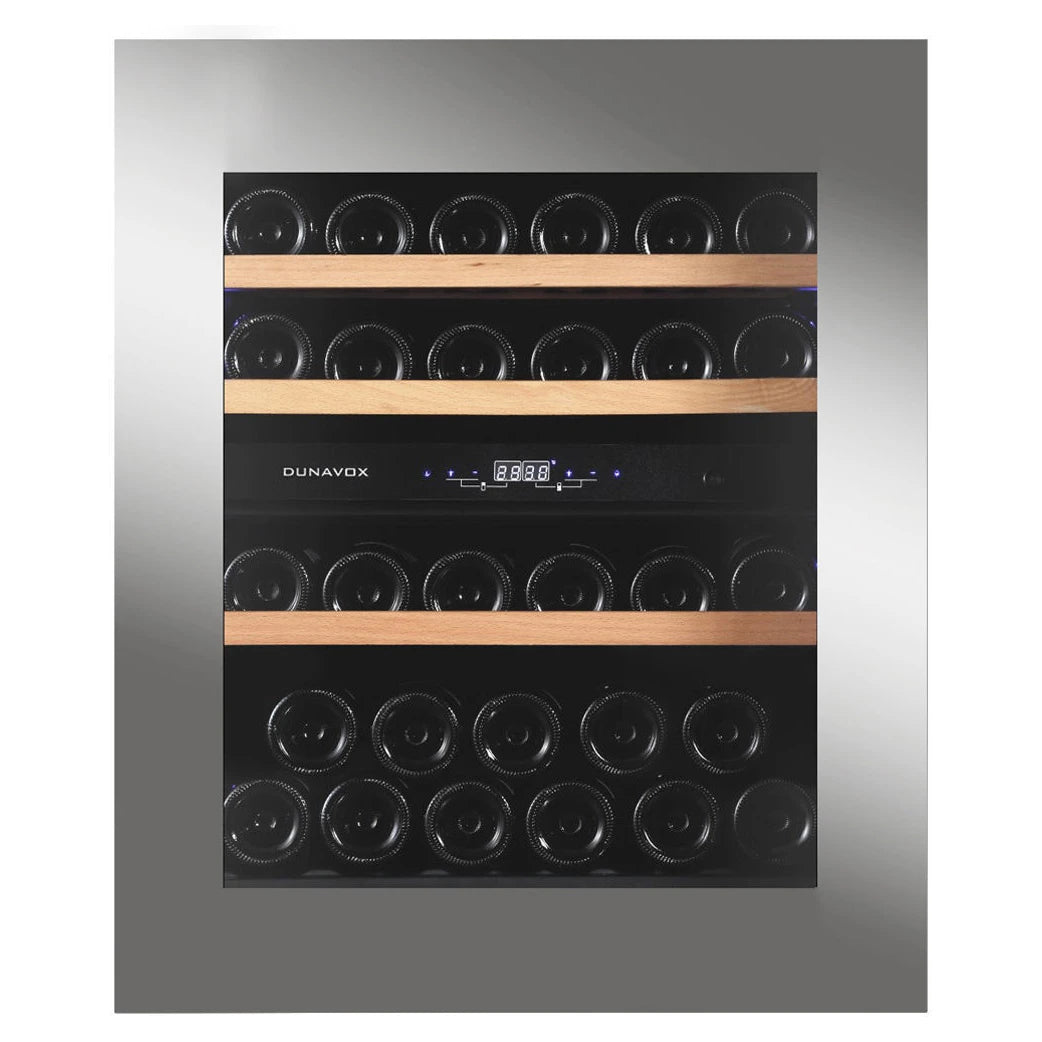 Dunavox Horizon-32.TO Weinkühlschrank mit Edelstahlrahmen, Holzregalen, digitalem Zwei-Zonen-Regler und schwarzem Innenraum