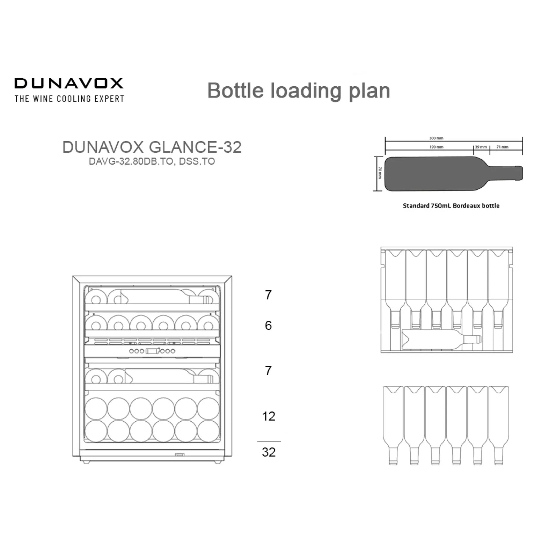 Beladungsplan Dunavox Glance-32 Weinkühlschrank mit 4 Regalebenen, Kapazität 32 Flaschen, Standard 750-ml-Bordeauxflasche