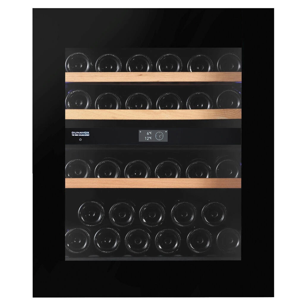 Dunavox Noble-32 Black Weinkühlschrank, Innenansicht mit Holzregalen, zwei Temperaturzonen und Dunavox-Bedienfeld