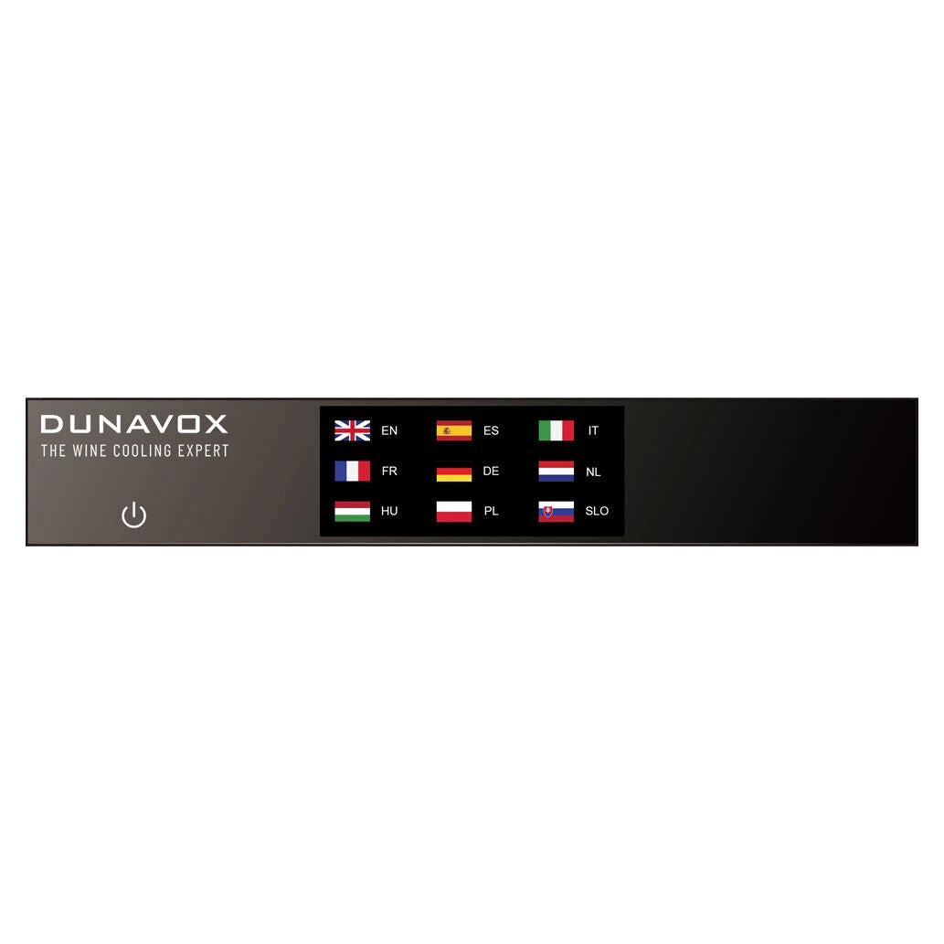 Detailansicht Dunavox Bedienfeld mit Sprachauswahl in 9 Sprachen und Ein/Aus-Schalter