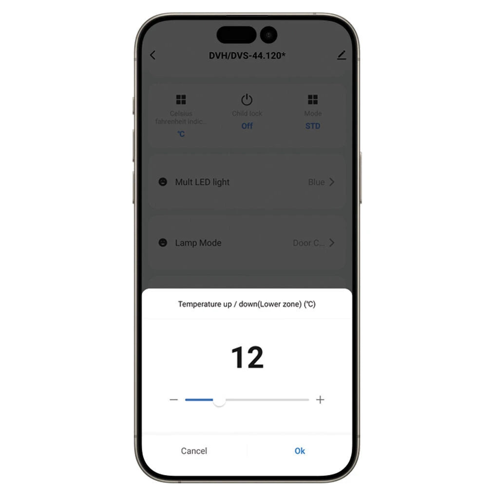 Dunavox Smartphone-App zur Steuerung des Weinkühlschranks mit Zonentemperatur, LED-Licht und Lampenmodus-Einstellungen