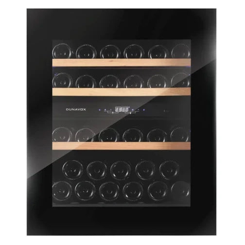 Dunavox Prime-32 voll integrierter Unterbau-Weinkühlschrank in Schwarz mit Holzregalen, Doppelzone und Touchscreen