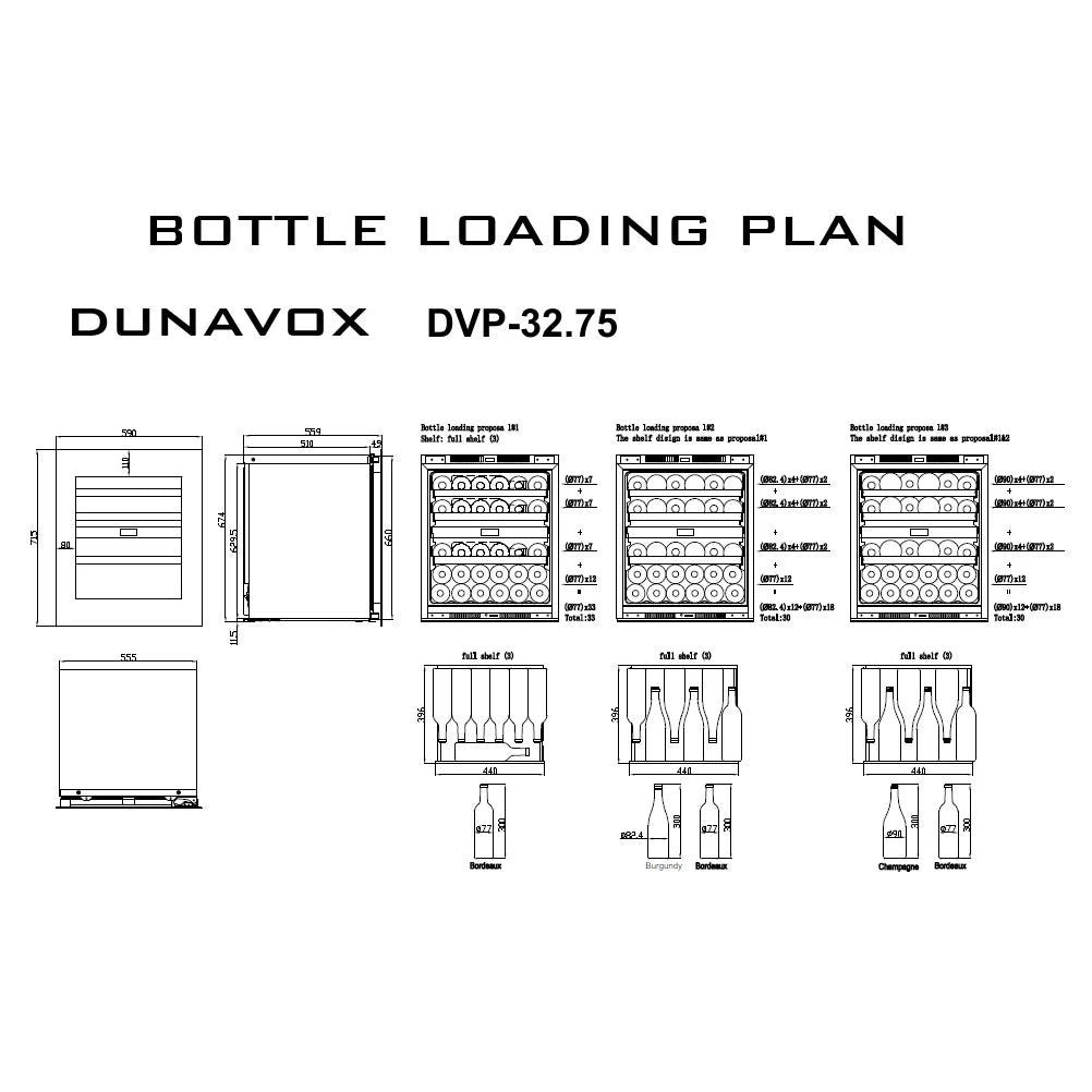 Belegungsplan Dunavox Prime-32 (DVP-32.75) mit Flaschenkonfigurationen, Maßzeichnung und Regalanordnung