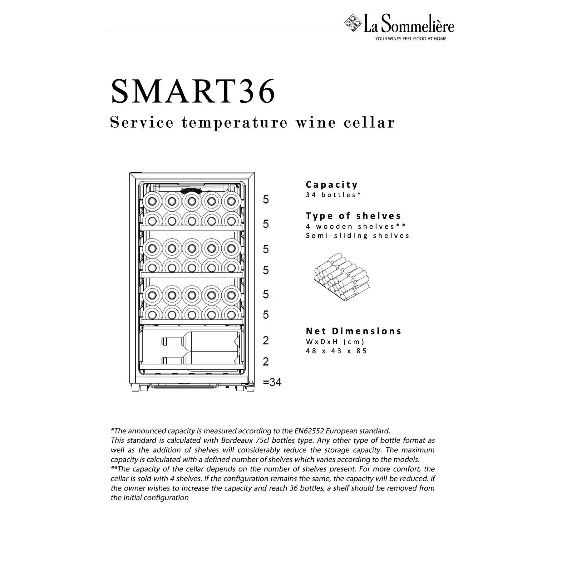 Beladungsschema Weinkühlschrank La Sommelière SMART36 mit 34 Flaschen auf 4 Holzböden und Maßen 48 x 43 x 85 cm