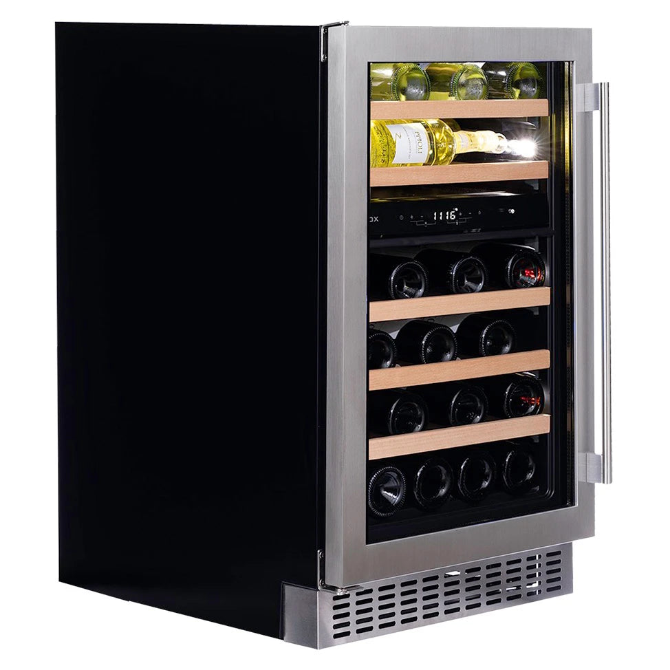 Dunavox Flow-38 Weinkühlschrank seitlich mit geöffneter Tür, Holzregalen, Edelstahlgriff und Zwei-Zonen-Temperierung