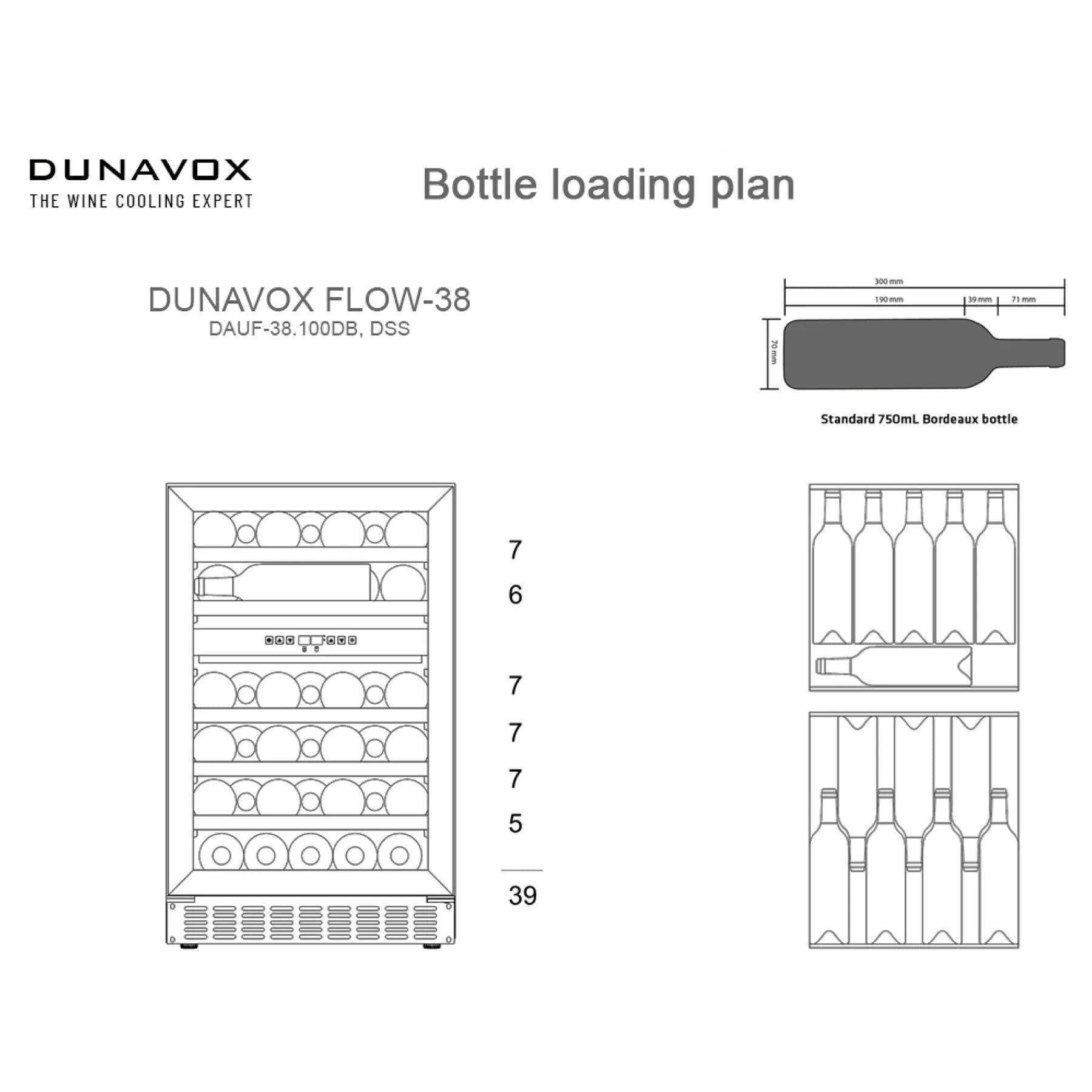 Beladungsplan Dunavox Flow-38 Weinkühlschrank mit 6 Regalebenen, Standard 750-ml-Bordeauxflasche als Referenz
