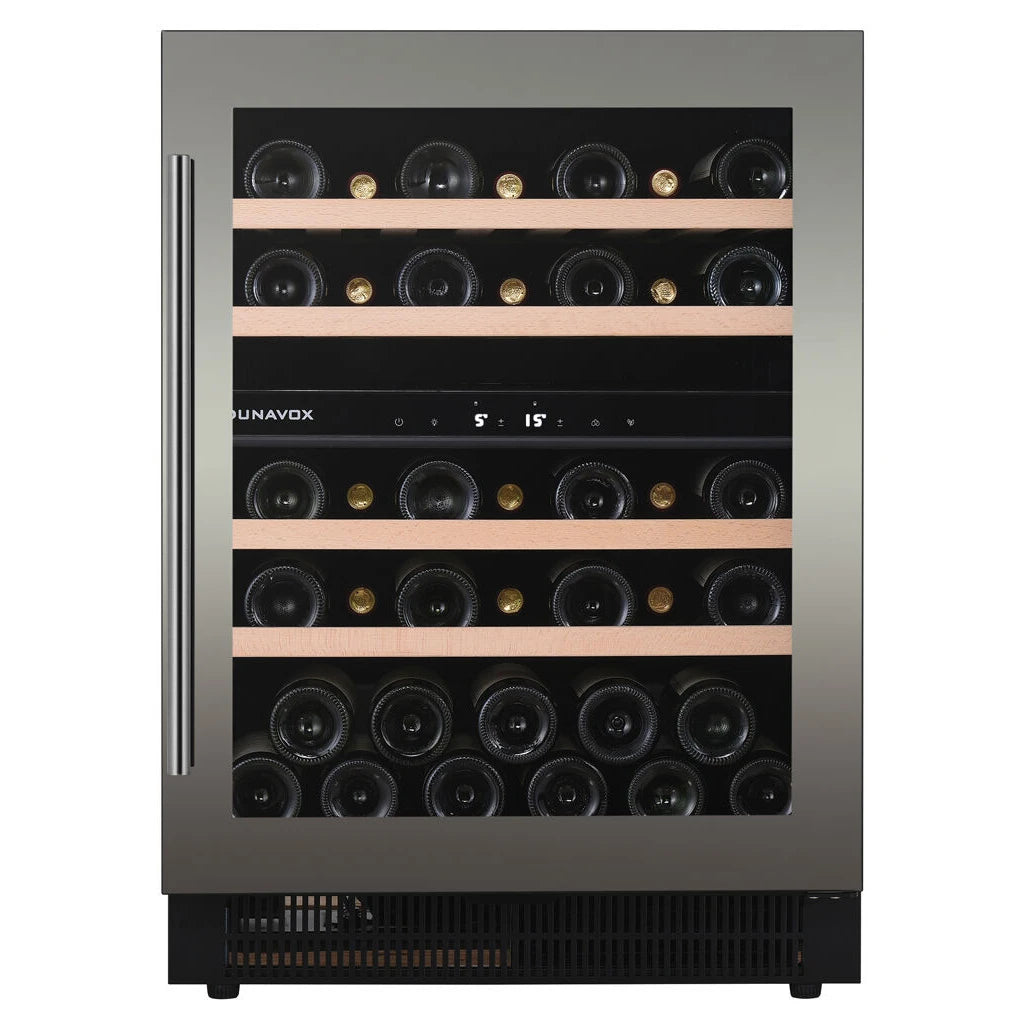 Dunavox Flow-39 Weinkühlschrank mit Edelstahlrahmen, Holzregalen und Zwei-Zonen-Temperaturregelung, Frontansicht
