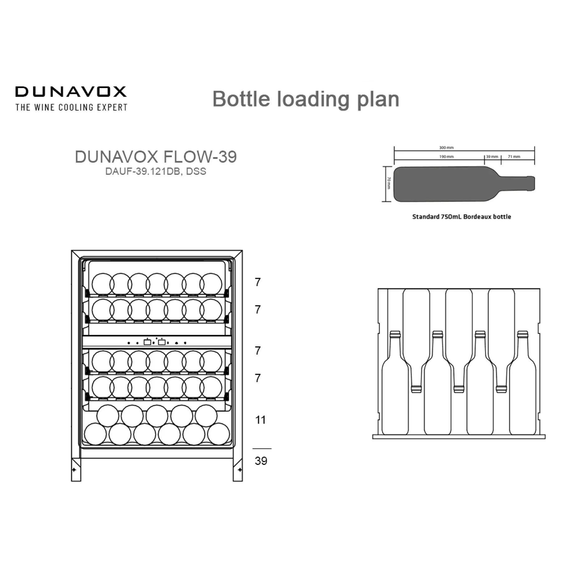 Beladungsplan Dunavox Flow-39 Weinkühlschrank mit 5 Regalebenen, Kapazität 39 Flaschen, Standard 750-ml-Bordeauxflasche