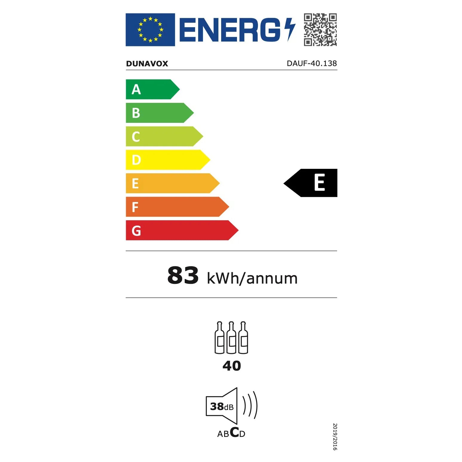 EU-Energielabel Dunavox Sera-40 DAUF-40.138, Energieklasse E, 83 kWh/Jahr, 40 Flaschen Kapazität, 38 dB Geräuschpegel