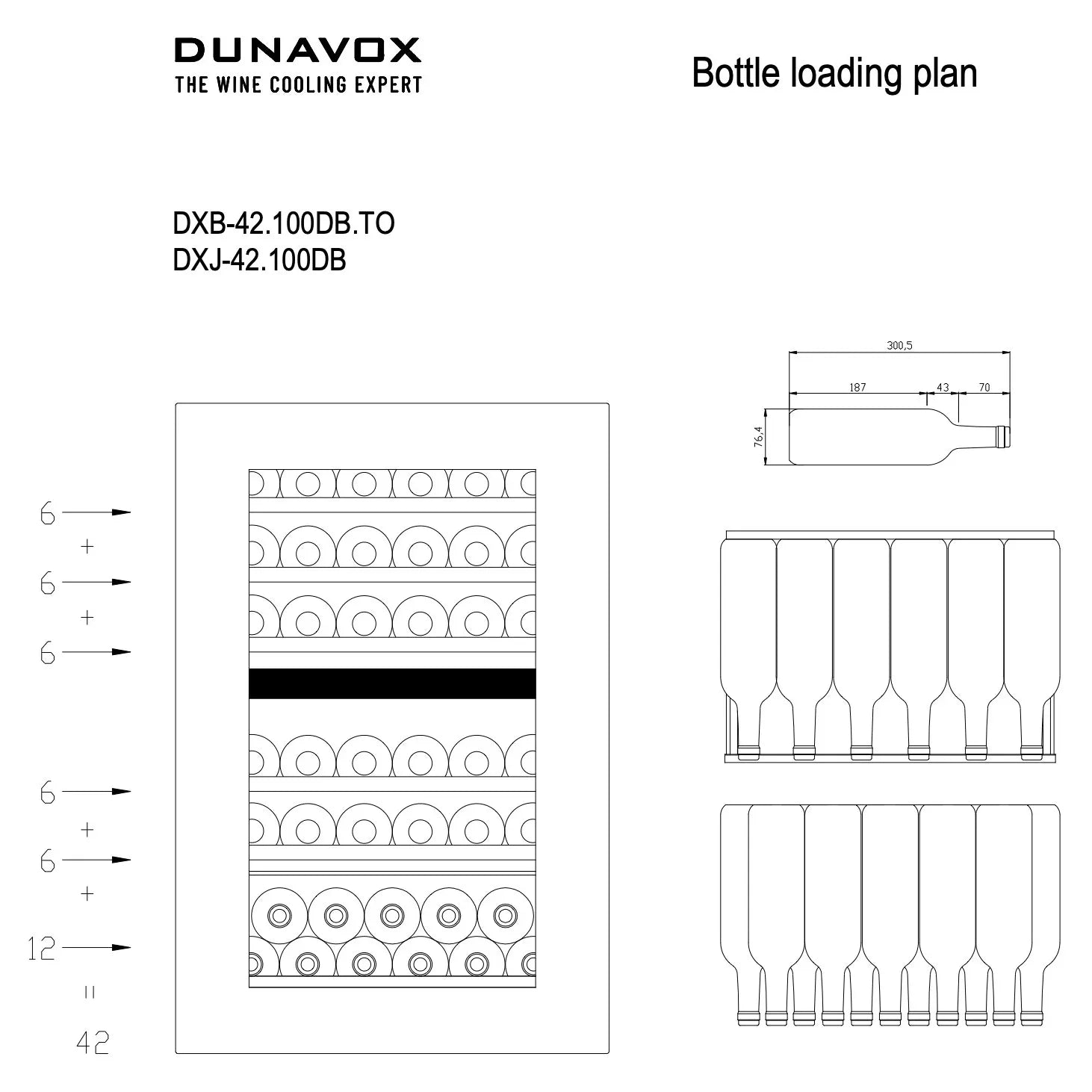 Dunavox Balance-42 Beladungsplan DXB-42.100DB.TO mit Regalaufteilung für 42 Bordeaux-Flaschen in zwei Zonen