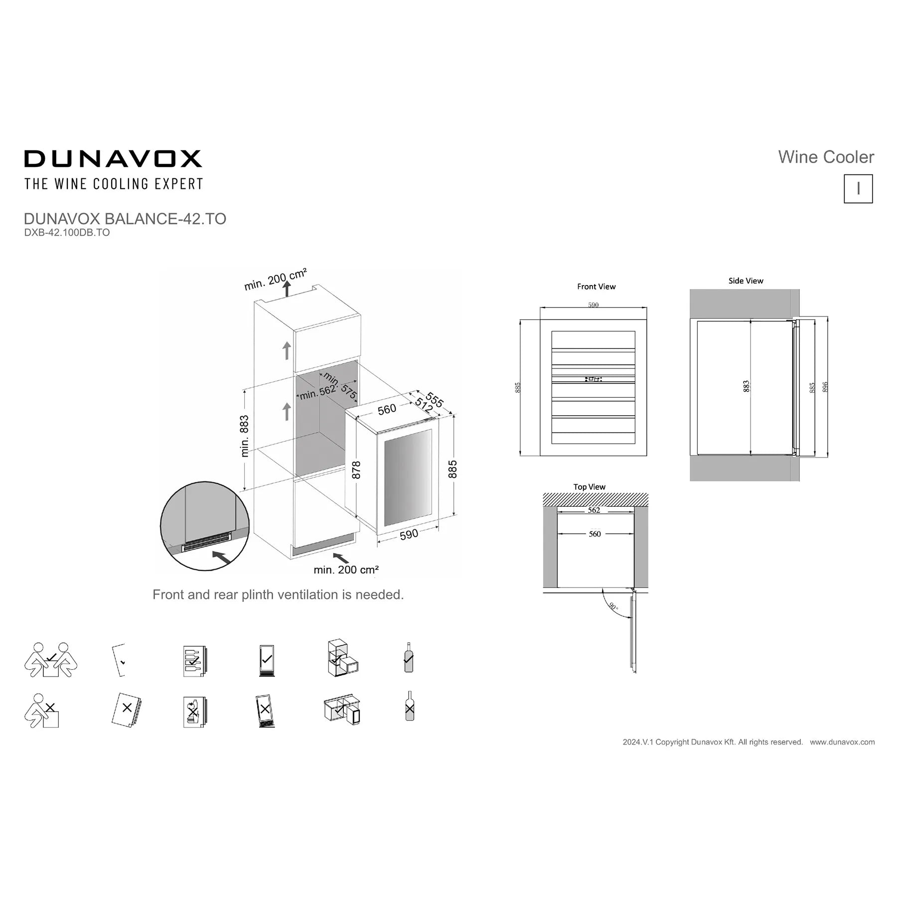 Dunavox Balance-42 Maßblatt DXB-42.100DB.TO mit Einbaumaßen, Front-, Seiten- und Draufsicht sowie Installationshinweisen 