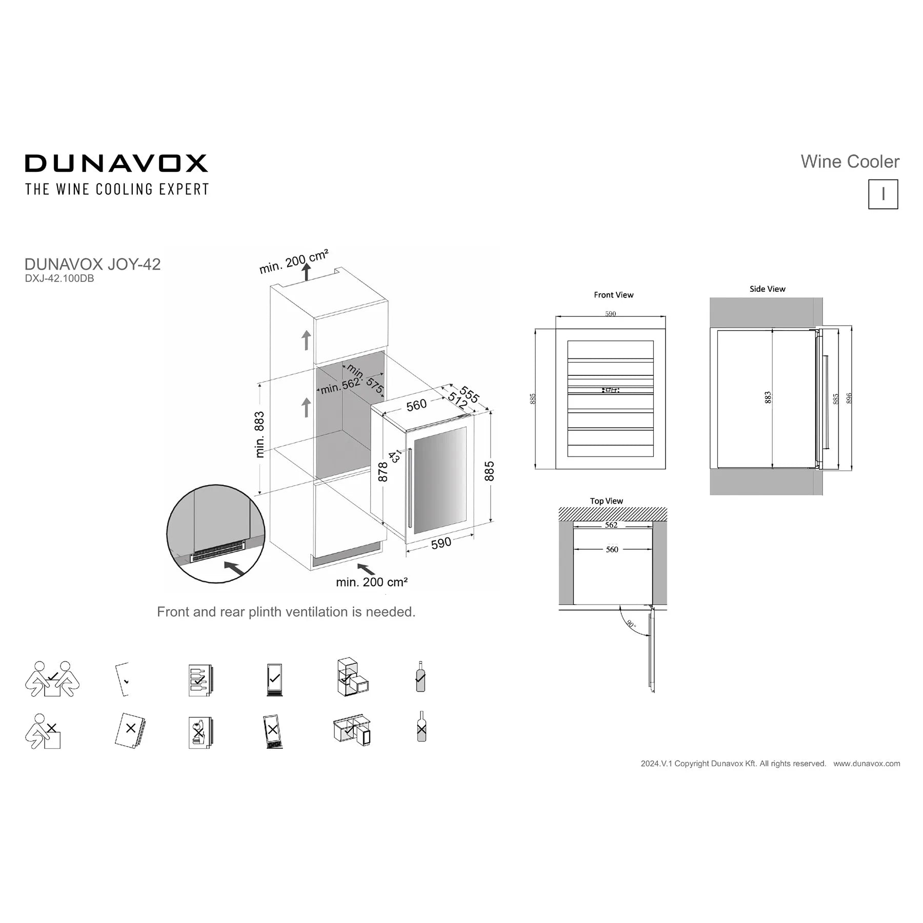 Dunavox Joy-42 Maßzeichnung mit Einbauanleitung, Front- und Seitenansicht sowie Hinweis auf erforderliche Frontbelüftung