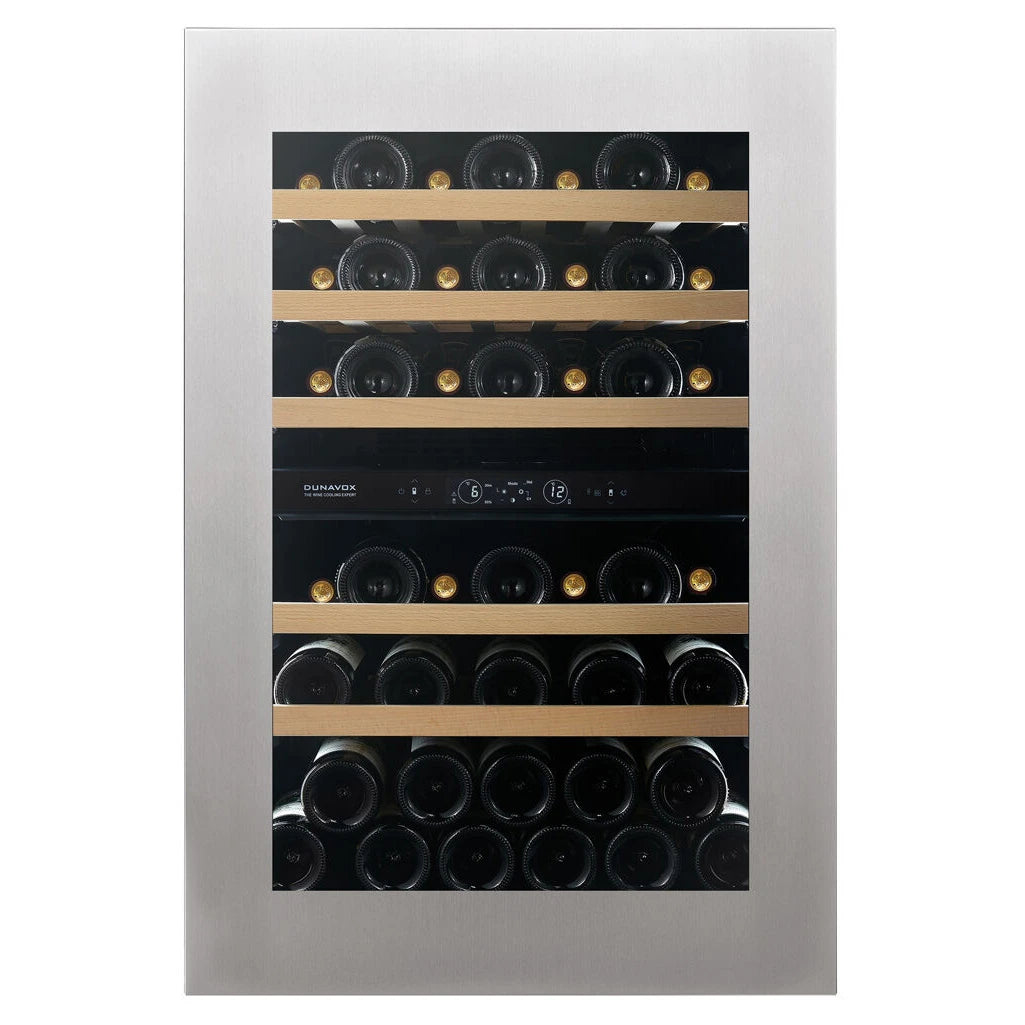 Dunavox Horizon-44 Weinkühlschrank mit Edelstahlrahmen, Holzregalen und digitalem Temperaturregler, Frontansicht