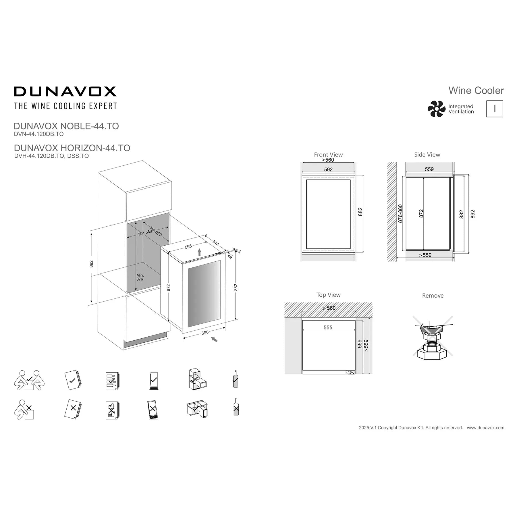Dunavox Noble-44 Weinkühlschrank Technisches Datenblatt mit Maßzeichnungen, Einbauansichten und Installationssymbolen