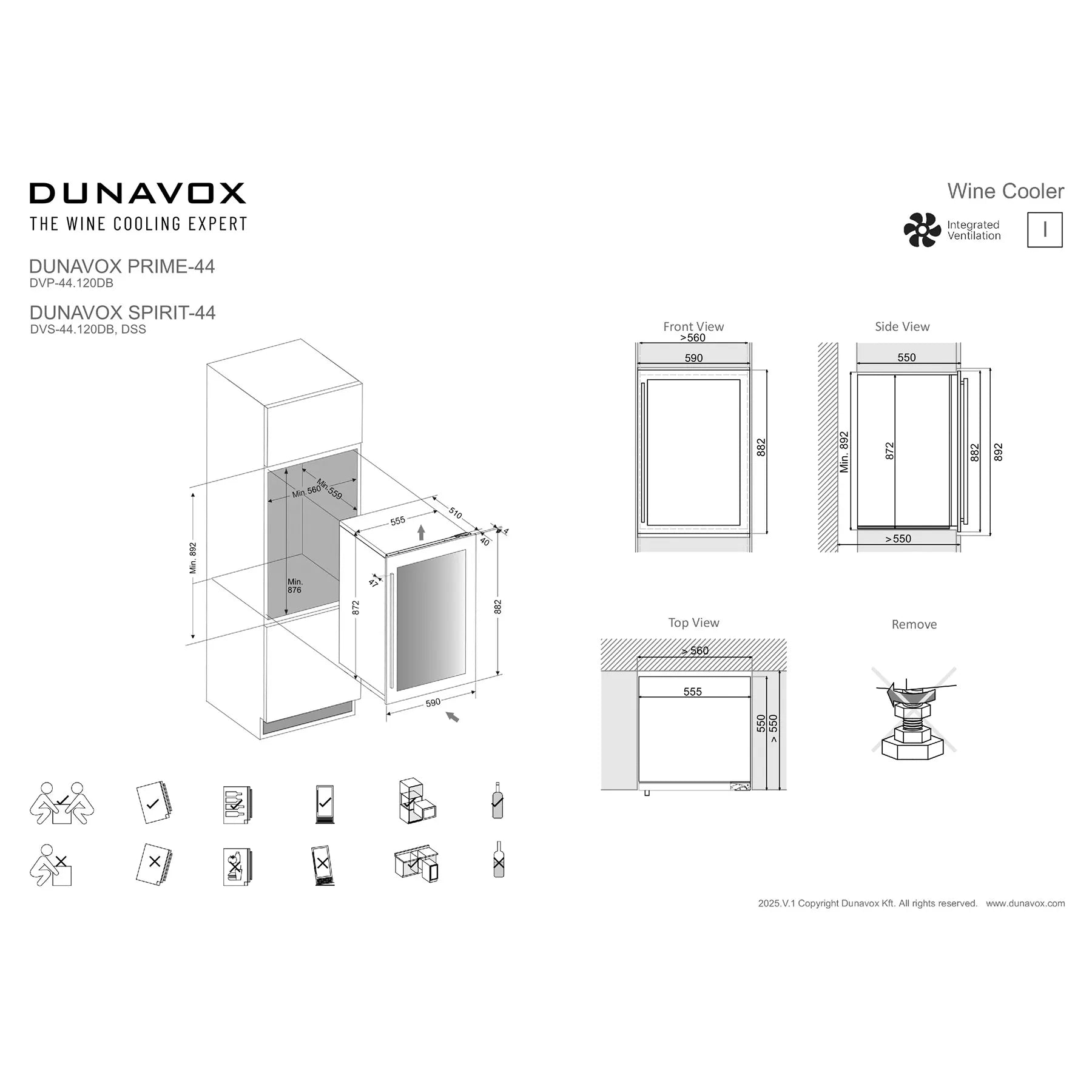 Technisches Datenblatt Dunavox Prime-44 Weinkühlschrank mit Maßzeichnungen, Einbauansichten und Installationssymbolen