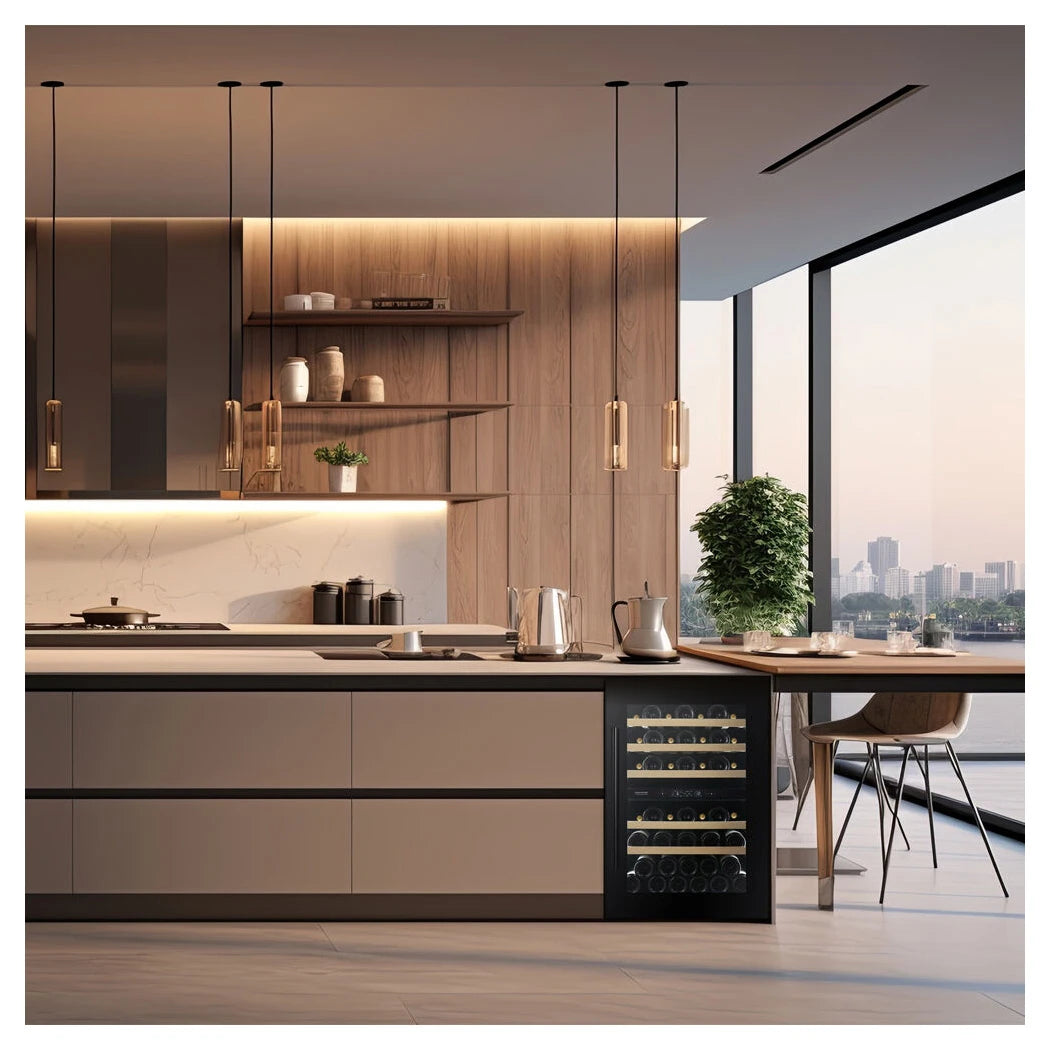 Dunavox Spirit-44 Black Unterbau-Weinkühlschrank integriert in moderne Designküche mit Holzelementen und Stadtpanorama
