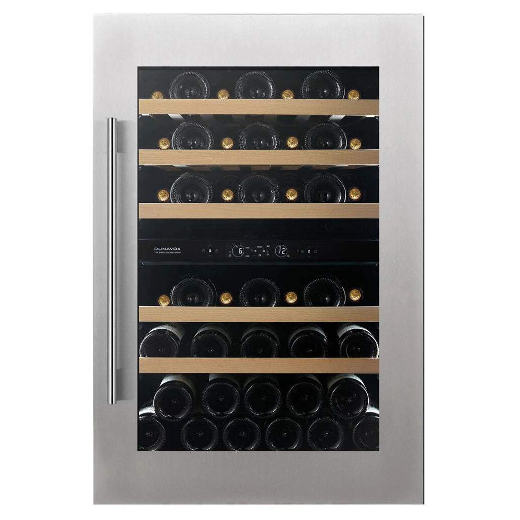 Dunavox Spirit-44 Weinkühlschrank mit Edelstahlrahmen, Glastür, Holzregalen und digitalem Temperaturregler, Frontansicht