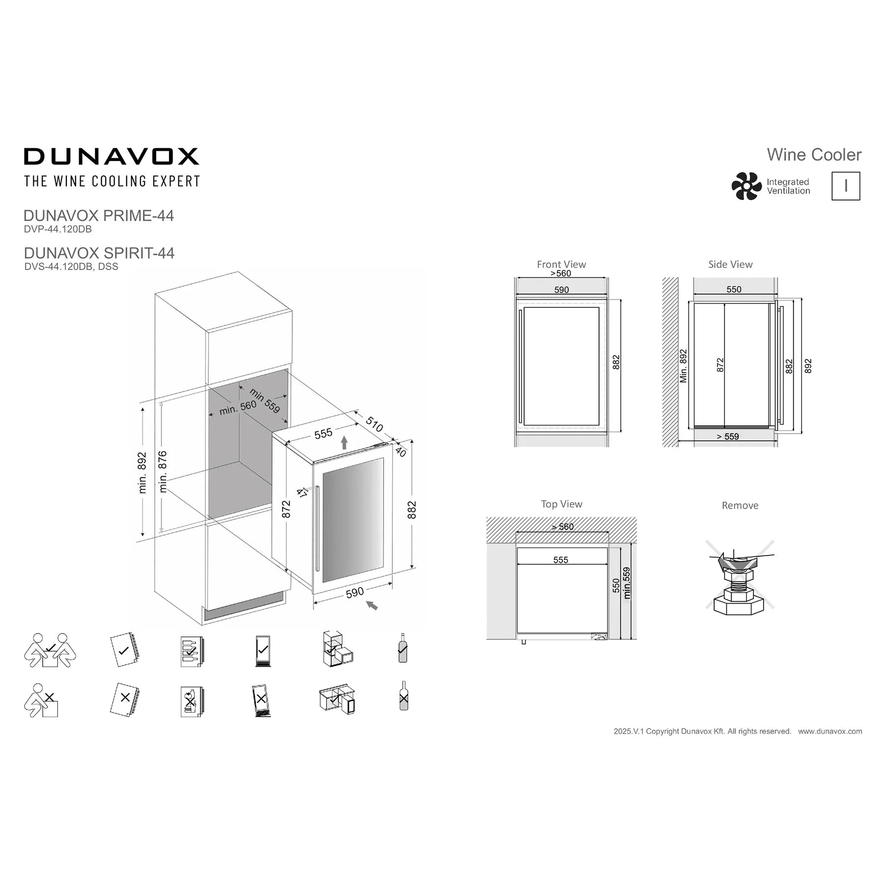 Maßzeichnung Dunavox Spirit-44 Weinkühlschrank mit Vorder-, Seiten- und Draufsicht sowie Einbaumaßen für integrierten Einbau