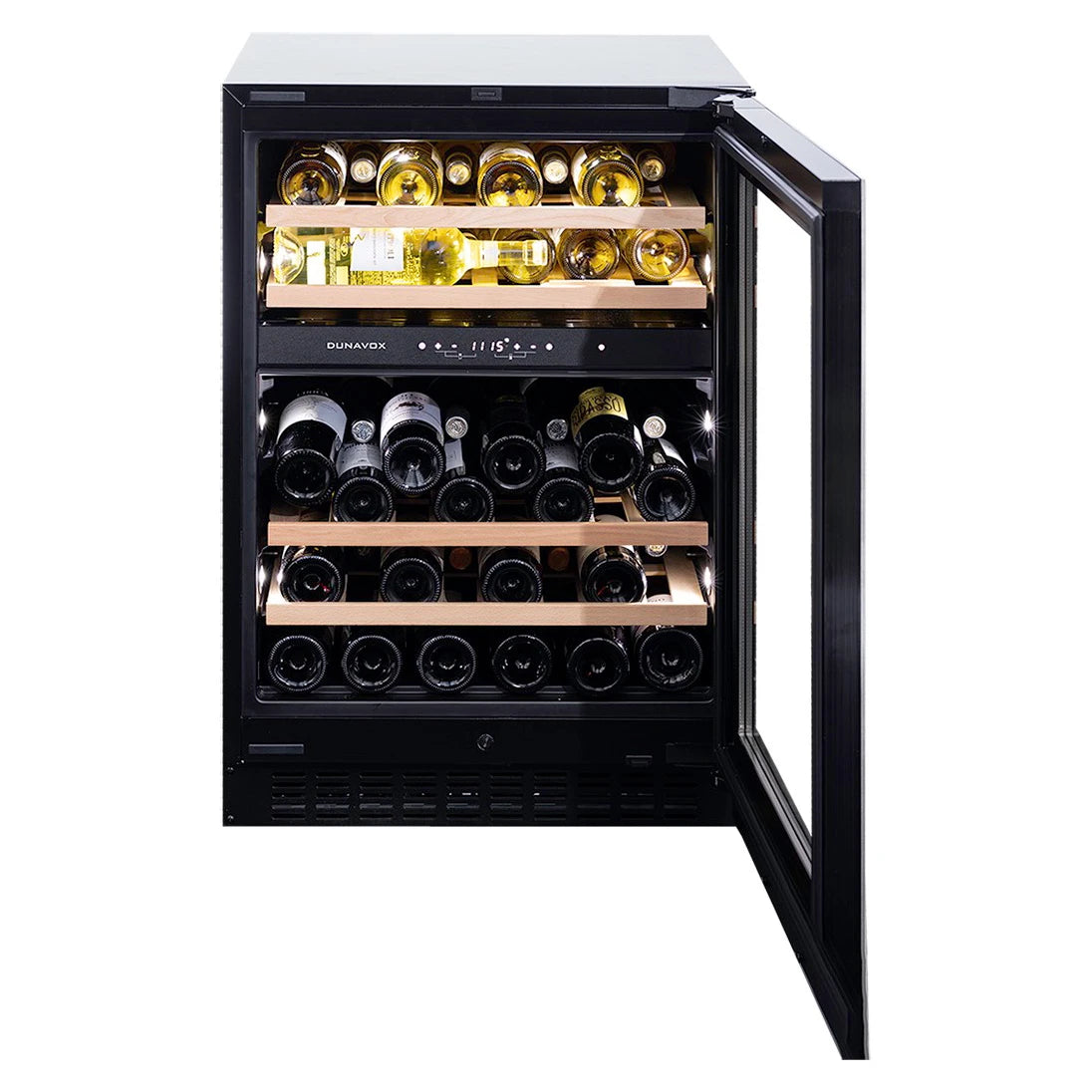 Dunavox Flow-45 Weinkühlschrank mit geöffneter Tür, warmer LED-Beleuchtung, Holzregalen und Weinflaschen, Seitenansicht