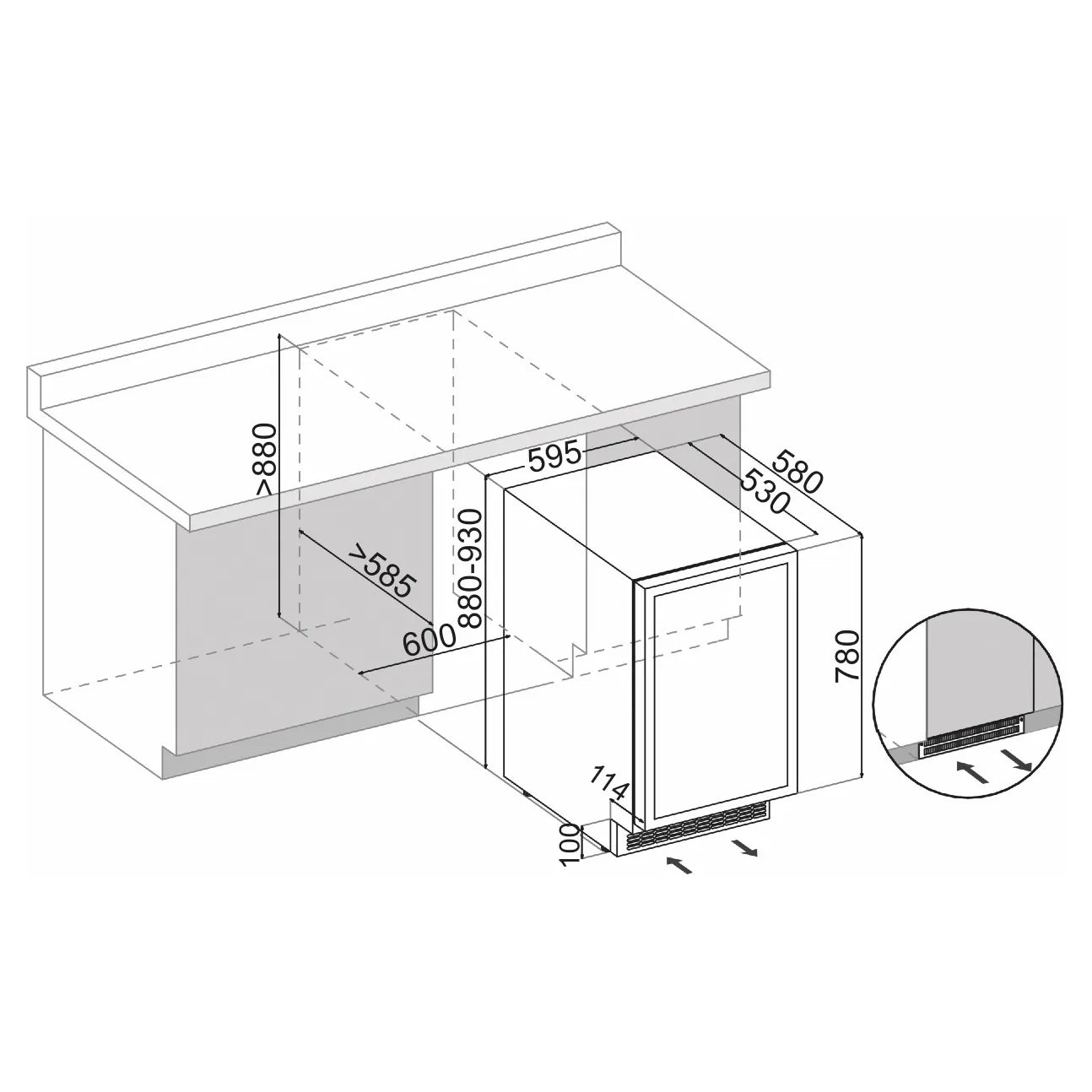 Einbauzeichnung Dunavox Flow-45 Weinkühlschrank als Unterbaugerät mit Nischenmaßen und Installationsdetails für Küche