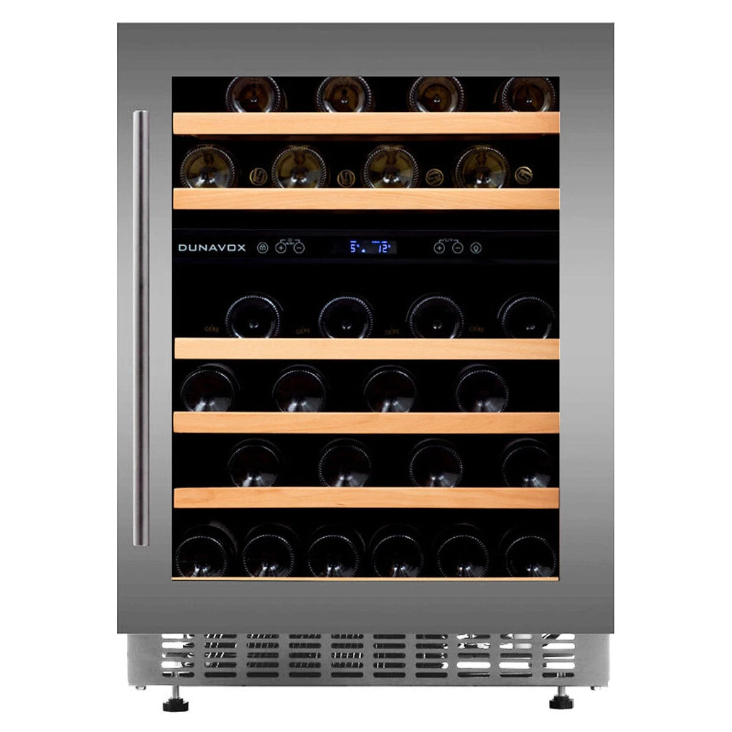 Dunavox Flow-46D Weinkühlschrank mit Edelstahlrahmen, Glastür, Holzregalen und digitalem Zwei-Zonen-Bedienfeld, Frontansicht