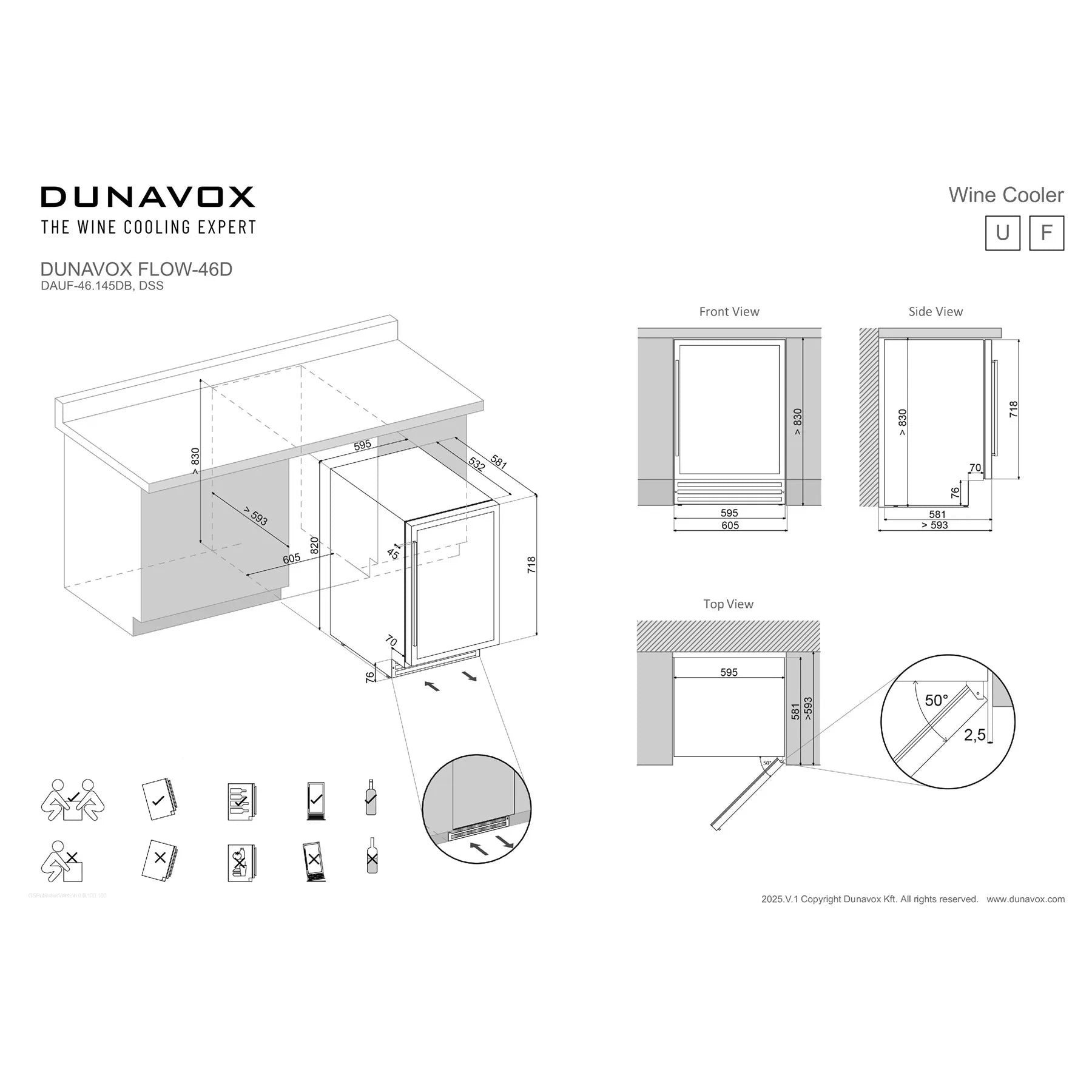 Maßzeichnung Dunavox Flow-46D Weinkühlschrank mit Vorder- und Seitenansicht für Unterbau- und freistehenden Einbau