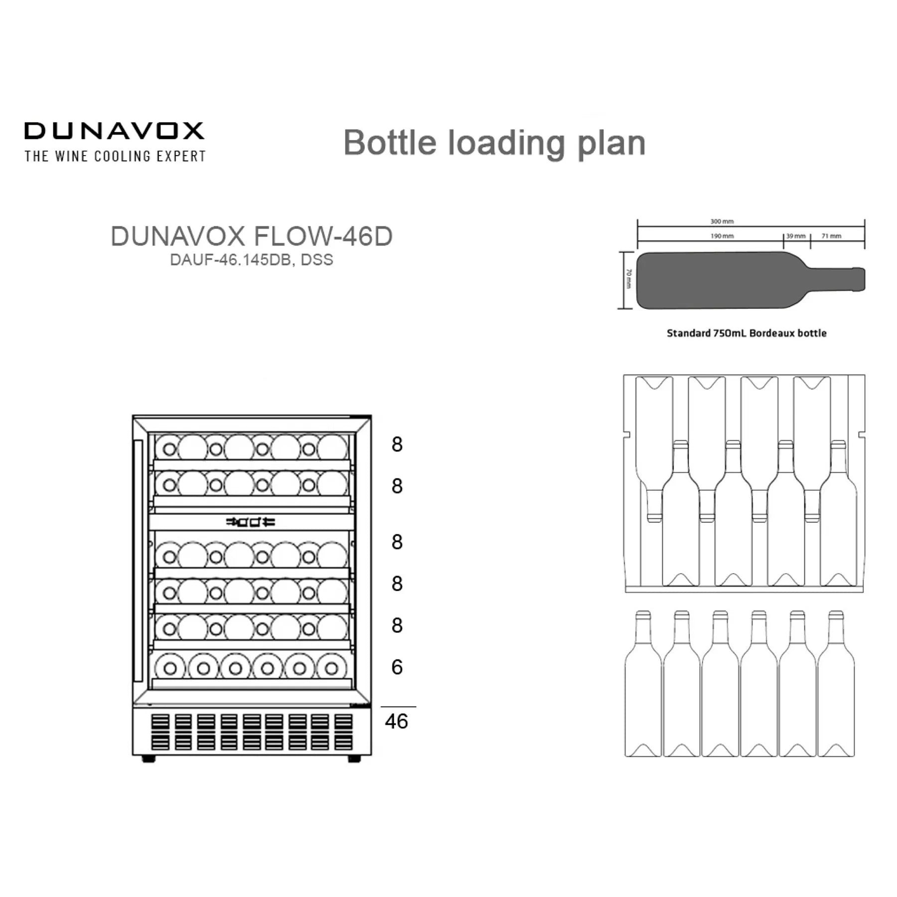 Beladungsplan Dunavox Flow-46D mit 6 Regalebenen, Gesamtkapazität 46 Flaschen, Standard 750ml Bordeaux-Flasche