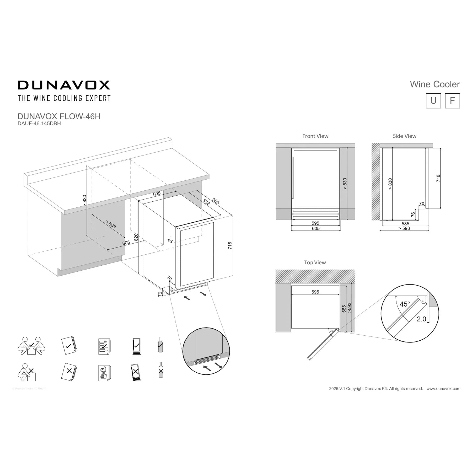 Technische Einbauzeichnung Dunavox Flow-46H DAUF-46.145DB mit Frontansicht, Seitenansicht und Draufsicht sowie Maßangaben