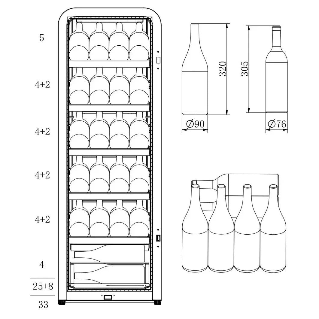 Freistehender Weinkühlschrank Cavecool Retro Basalt CC156SB Beladungsschema mit 33 Flaschen und Flaschenmaßen