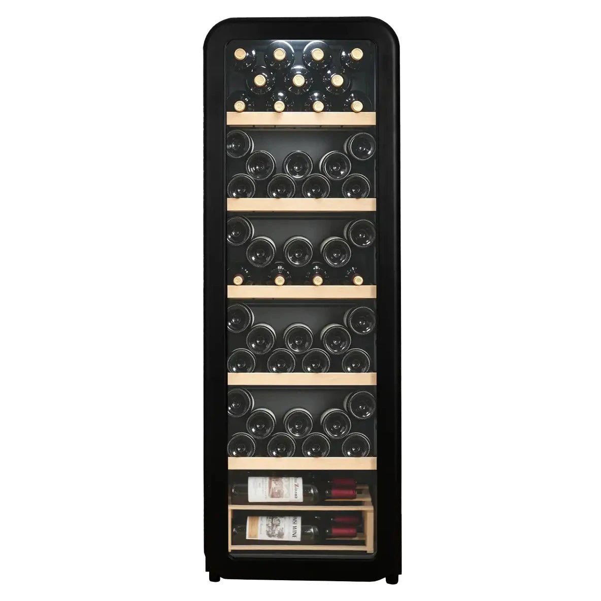 Freistehender Weinkühlschrank Cavecool Retro Basalt CC156SB Frontansicht mit vollständig gefülltem Innenraum und weißer LED-Beleuchtung