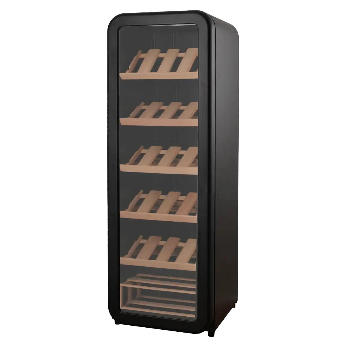 Freistehender Weinkühlschrank Cavecool Retro Basalt CC156SB Ansicht von schräg vorne, leerer Innenraum mit Böden in Präsentationsposition
