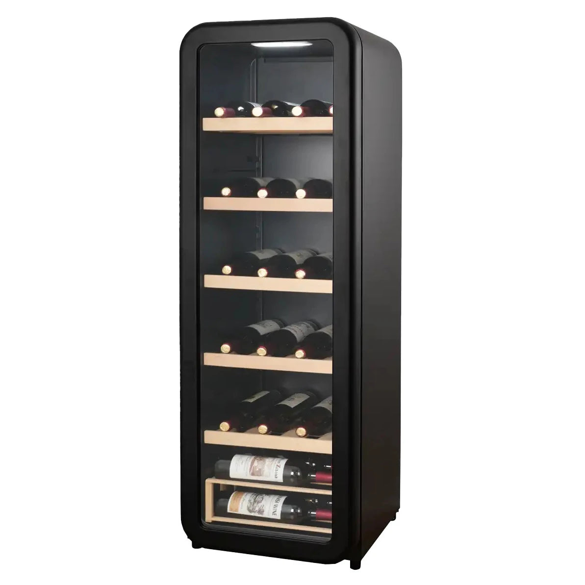 Freistehender Weinkühlschrank Cavecool Retro Basalt CC156SB Ansicht von schräg vorne mit teilweise gefülltem Innenraum