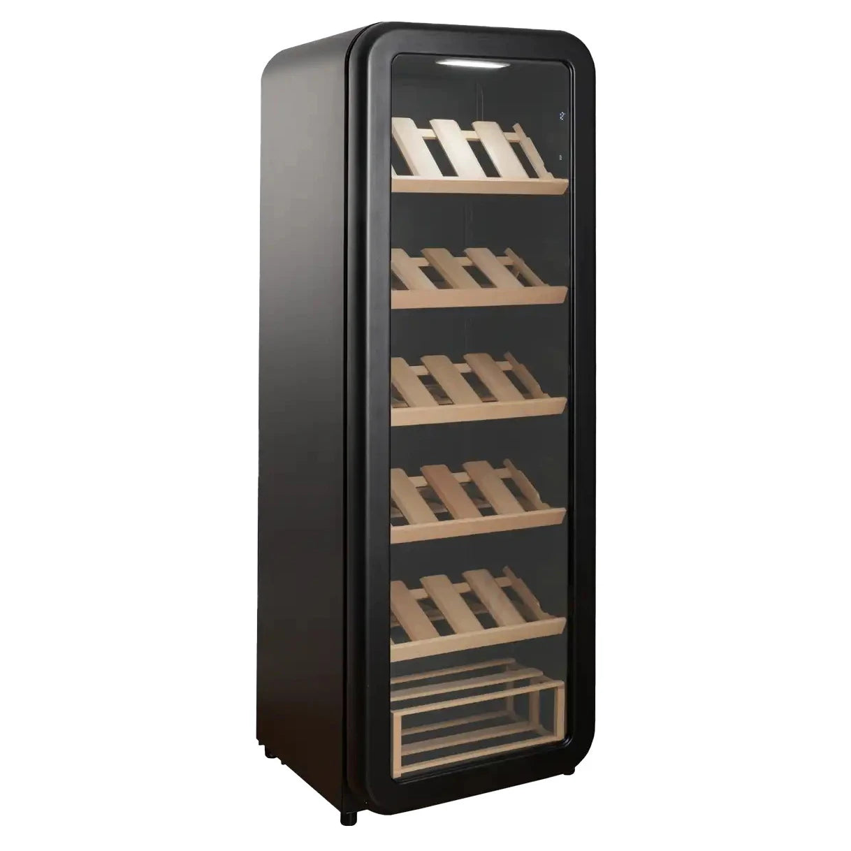 Freistehender Weinkühlschrank Cavecool Retro Basalt CC156SB seitlich-schräge Ansicht des leeren Innenraums mit unterem Rahmenboden
