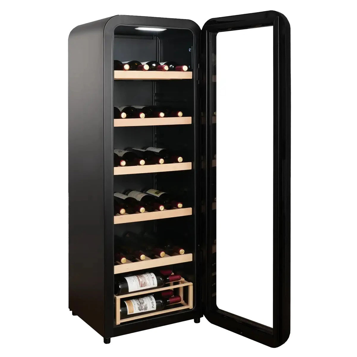 Freistehender Weinkühlschrank Cavecool Retro Basalt CC156SB mit geöffneter Glastür und Flaschen im Innenraum