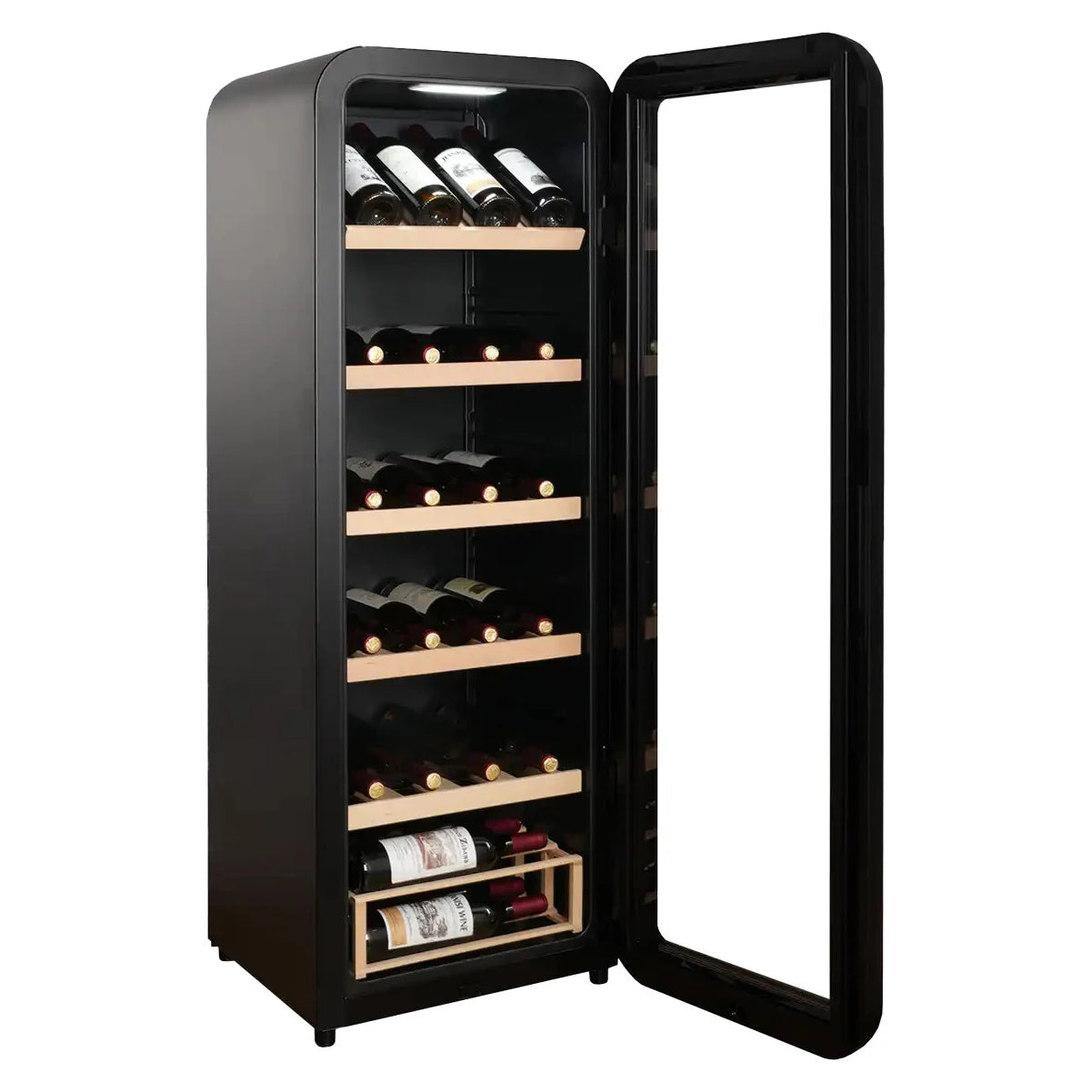 Freistehender Weinkühlschrank Cavecool Retro Basalt CC156SB mit weit geöffneter Glastür und gefülltem Innenraum