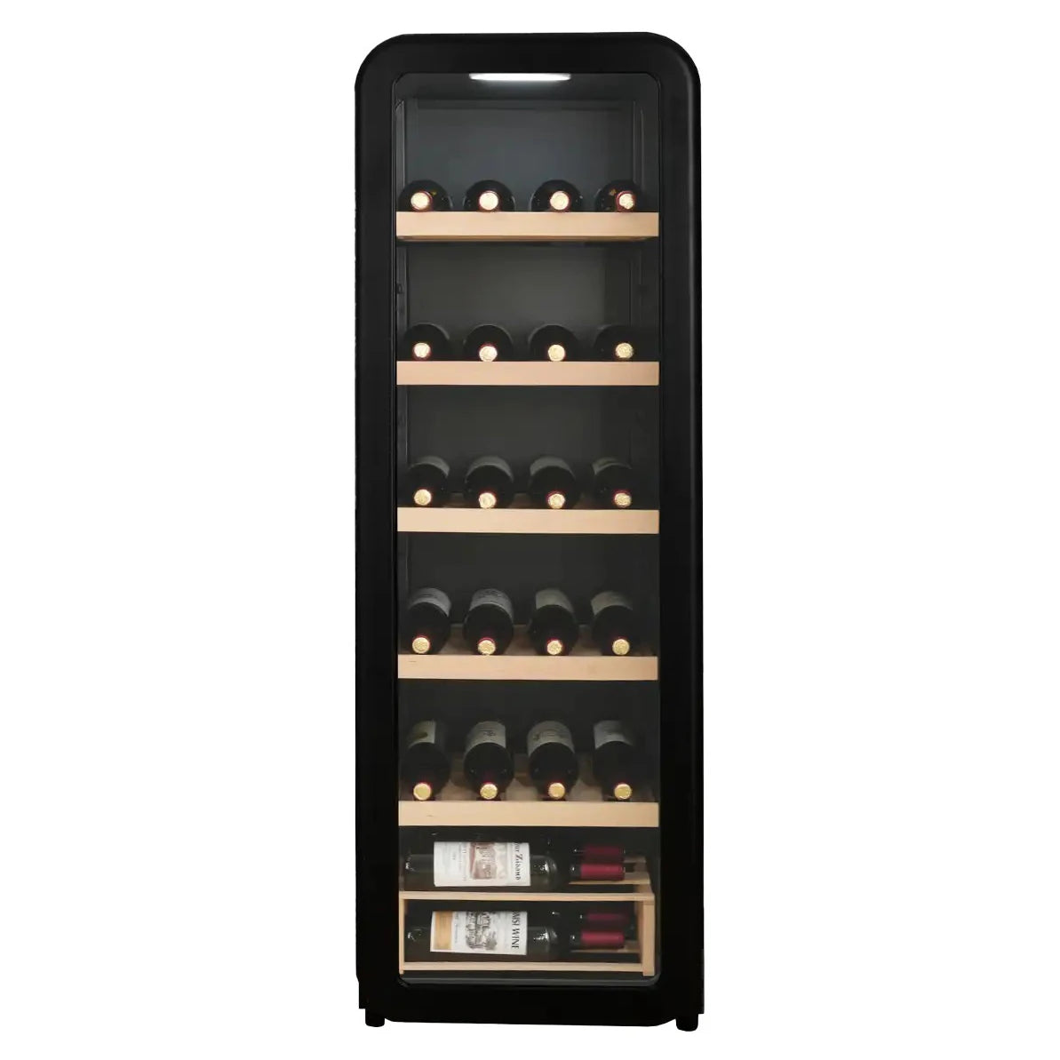 Freistehender Weinkühlschrank Cavecool Retro Basalt CC156SB Frontansicht mit teilweise gefülltem Innenraum