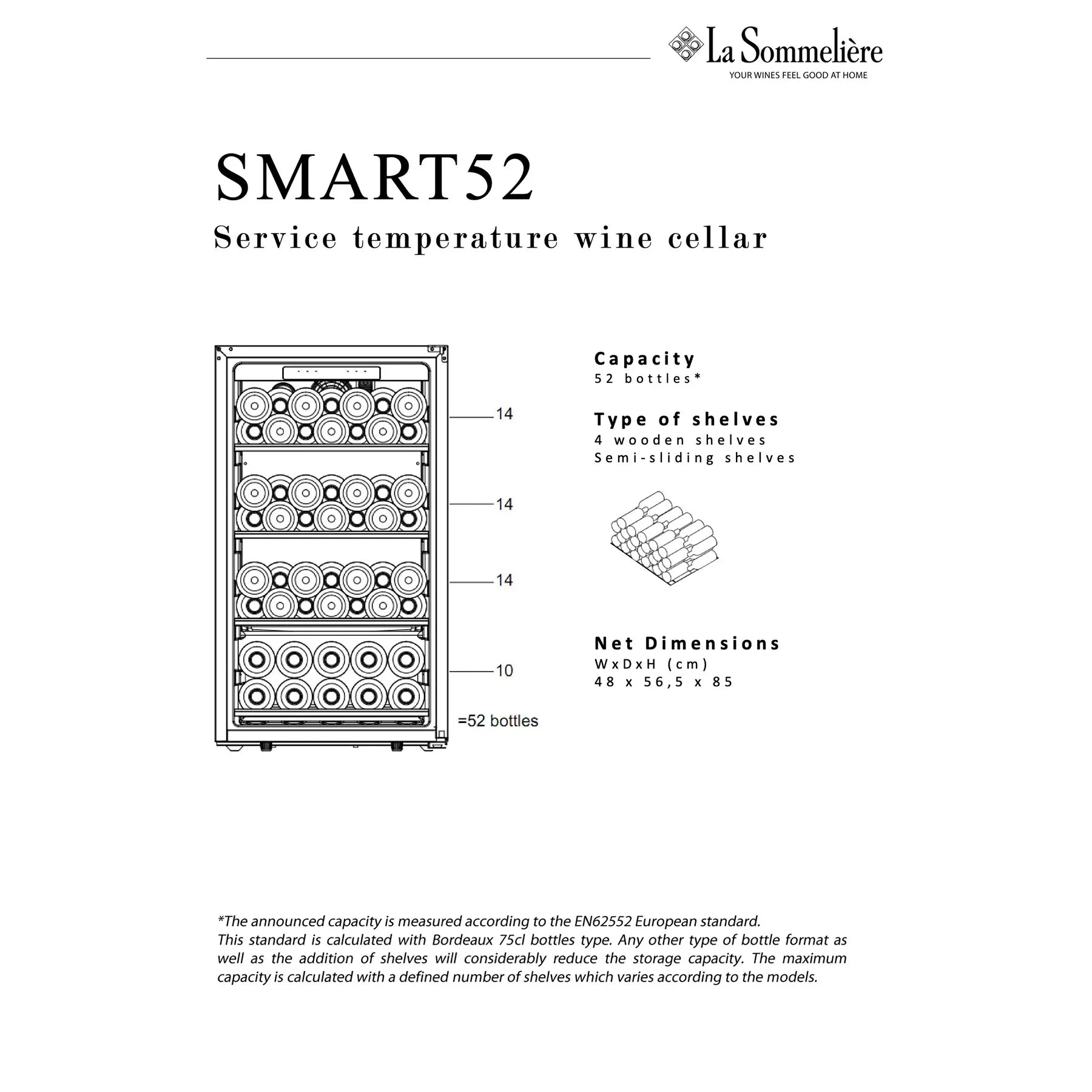 Beladungsschema Weinkühlschrank La Sommelière SMART52 mit 52 Flaschen auf 4 Holzböden