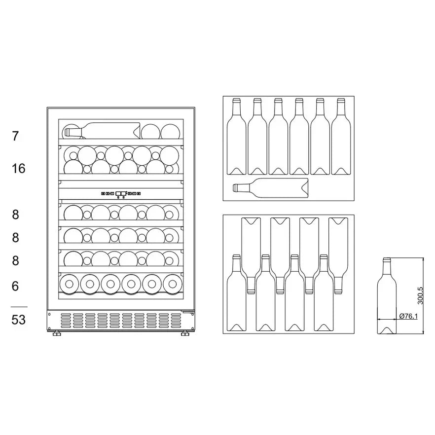 Beladungsschema Unterbau-Weinkühlschrank mQuvée WineCave Exclusive 780 60D Push/Pull mit 7, 16, 8, 8, 8 und 6 Flaschen je Ebene, insgesamt 53